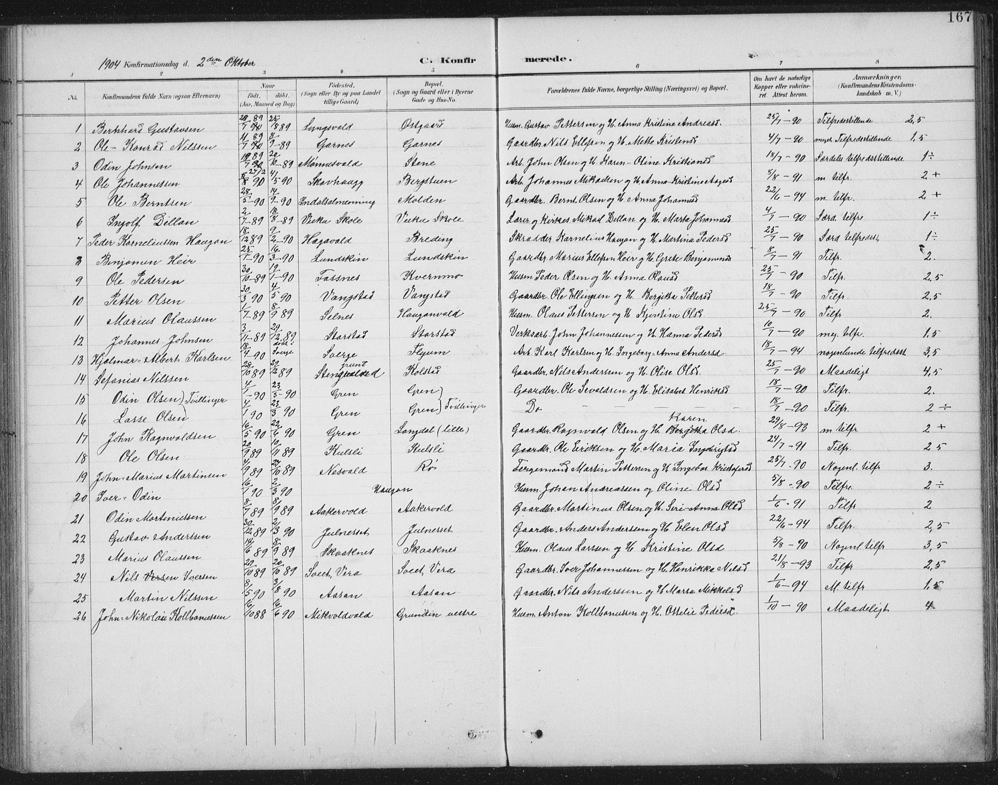 Ministerialprotokoller, klokkerbøker og fødselsregistre - Nord-Trøndelag, SAT/A-1458/724/L0269: Parish register (copy) no. 724C05, 1899-1920, p. 167