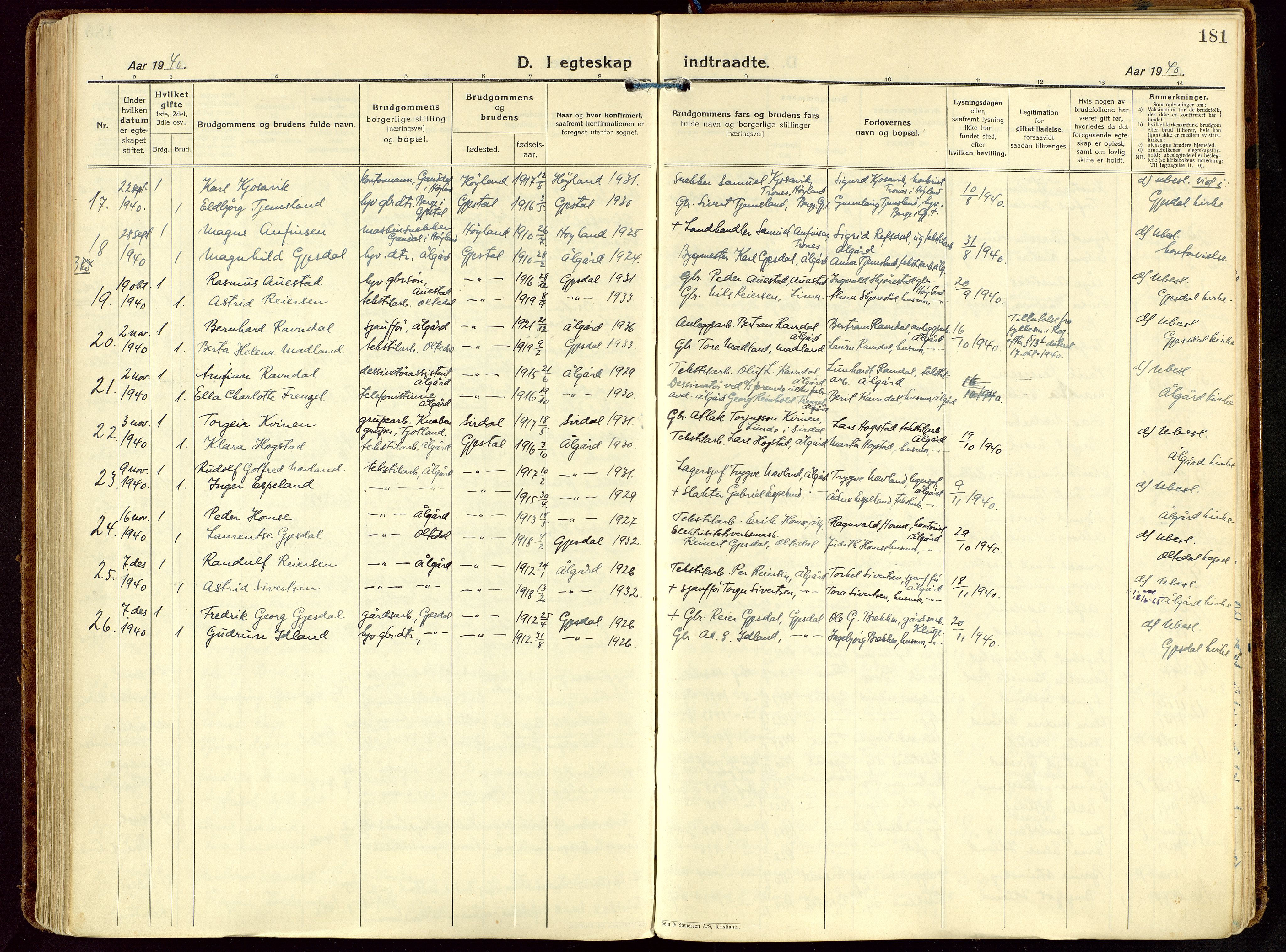 Gjesdal sokneprestkontor, AV/SAST-A-101796/003/O/L0001: Parish register (official) no. A 1, 1925-1949, p. 181