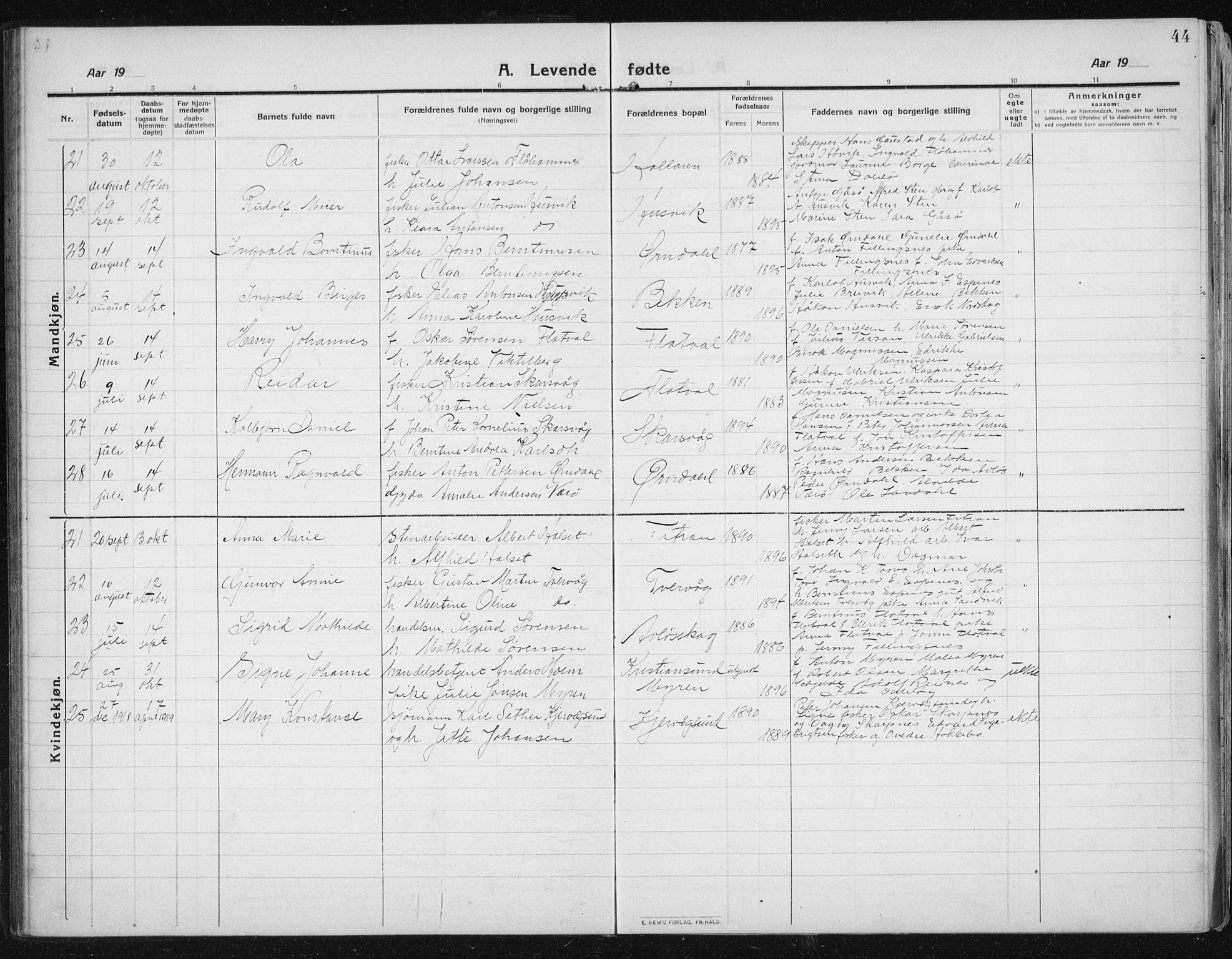 Ministerialprotokoller, klokkerbøker og fødselsregistre - Sør-Trøndelag, SAT/A-1456/641/L0599: Parish register (copy) no. 641C03, 1910-1938, p. 44