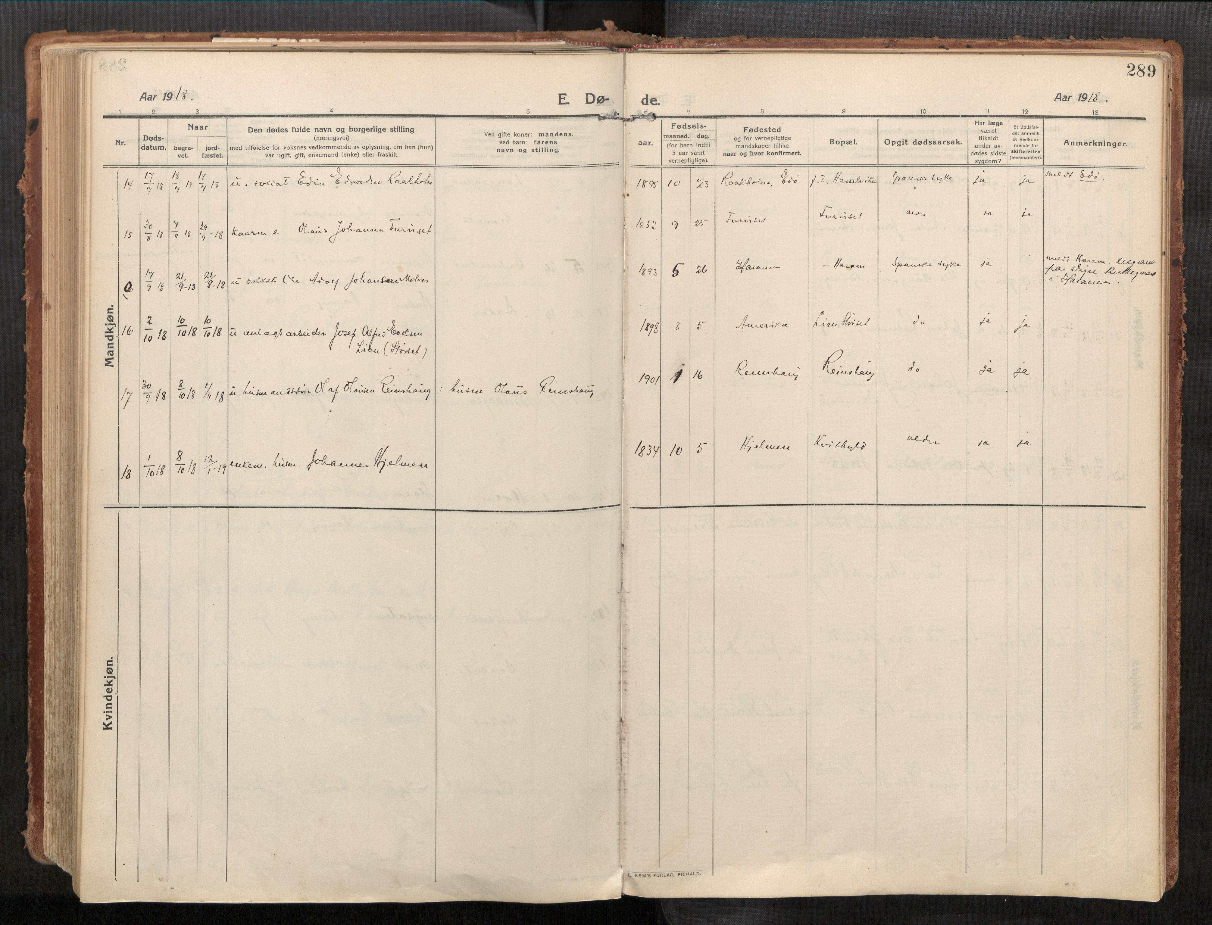 Stadsbygd sokneprestkontor, AV/SAT-A-1117/1/I/I1/I1a/L0001: Parish register (official) no. 1, 1911-1929, p. 289