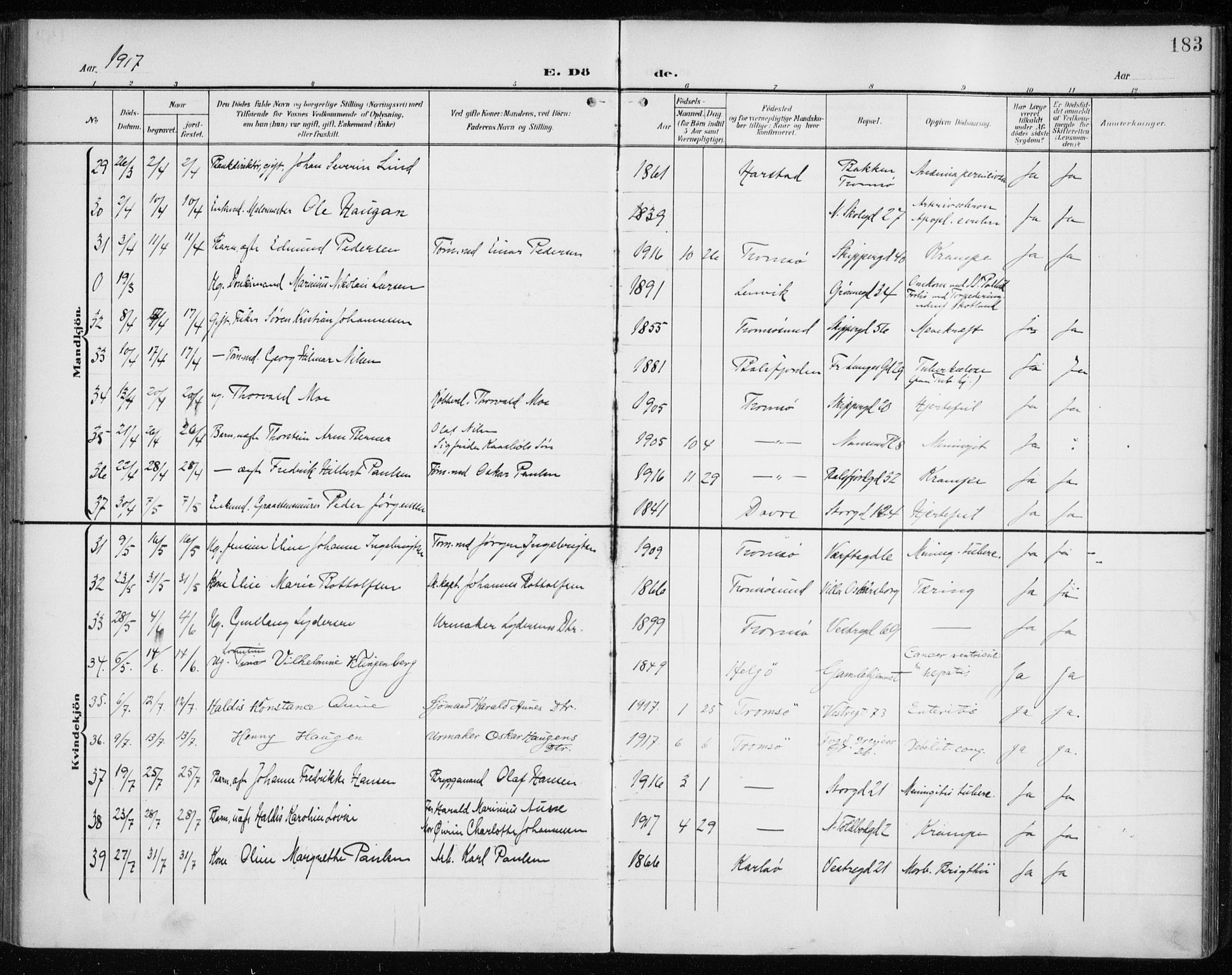 Tromsø sokneprestkontor/stiftsprosti/domprosti, AV/SATØ-S-1343/G/Ga/L0018kirke: Parish register (official) no. 18, 1907-1917, p. 183