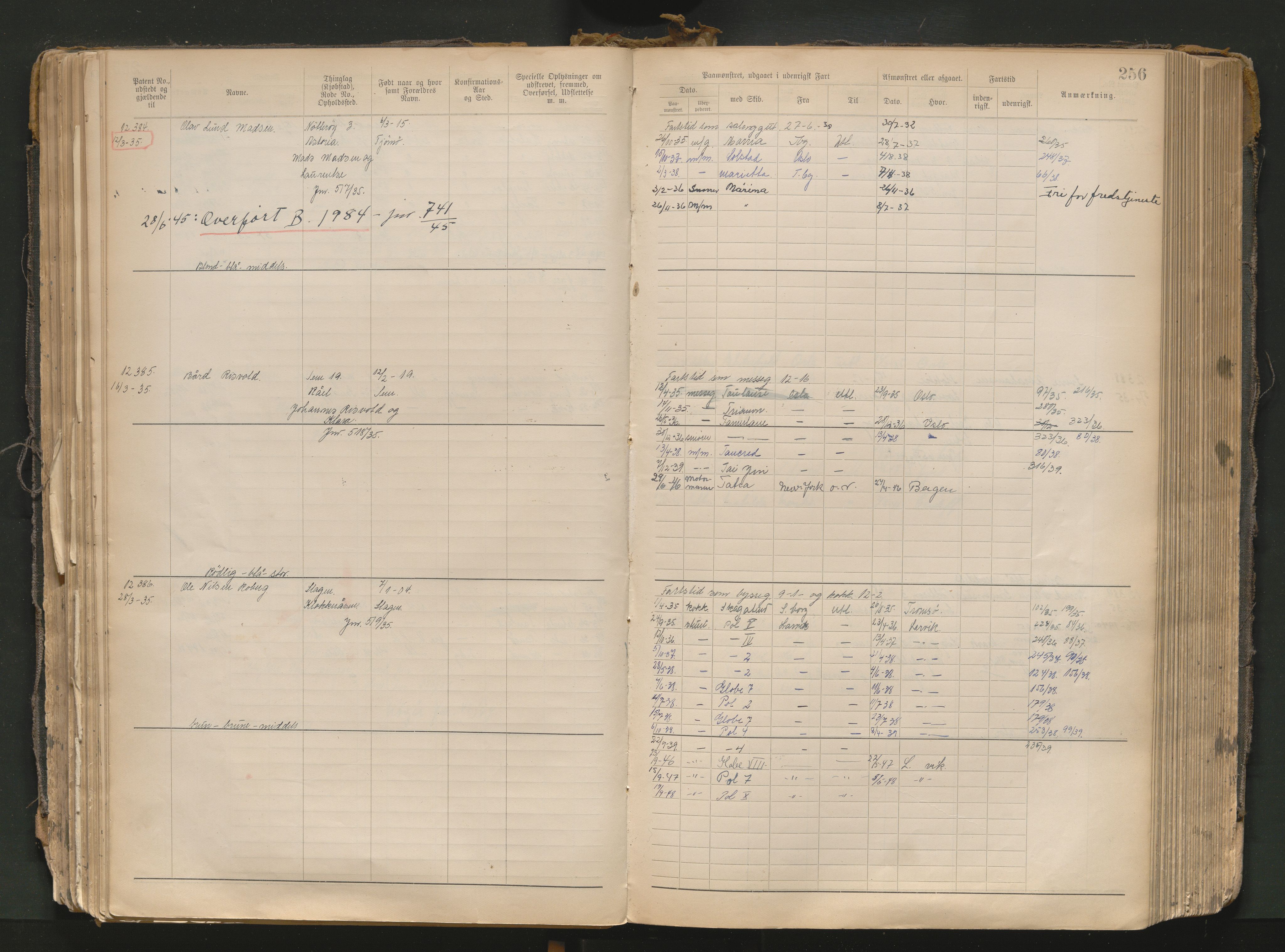 Tønsberg innrulleringskontor, AV/SAKO-A-786/F/Fc/Fcb/L0013: Hovedrulle Patent nr. 12217-13109, 101-320, 1933-1948, p. 256