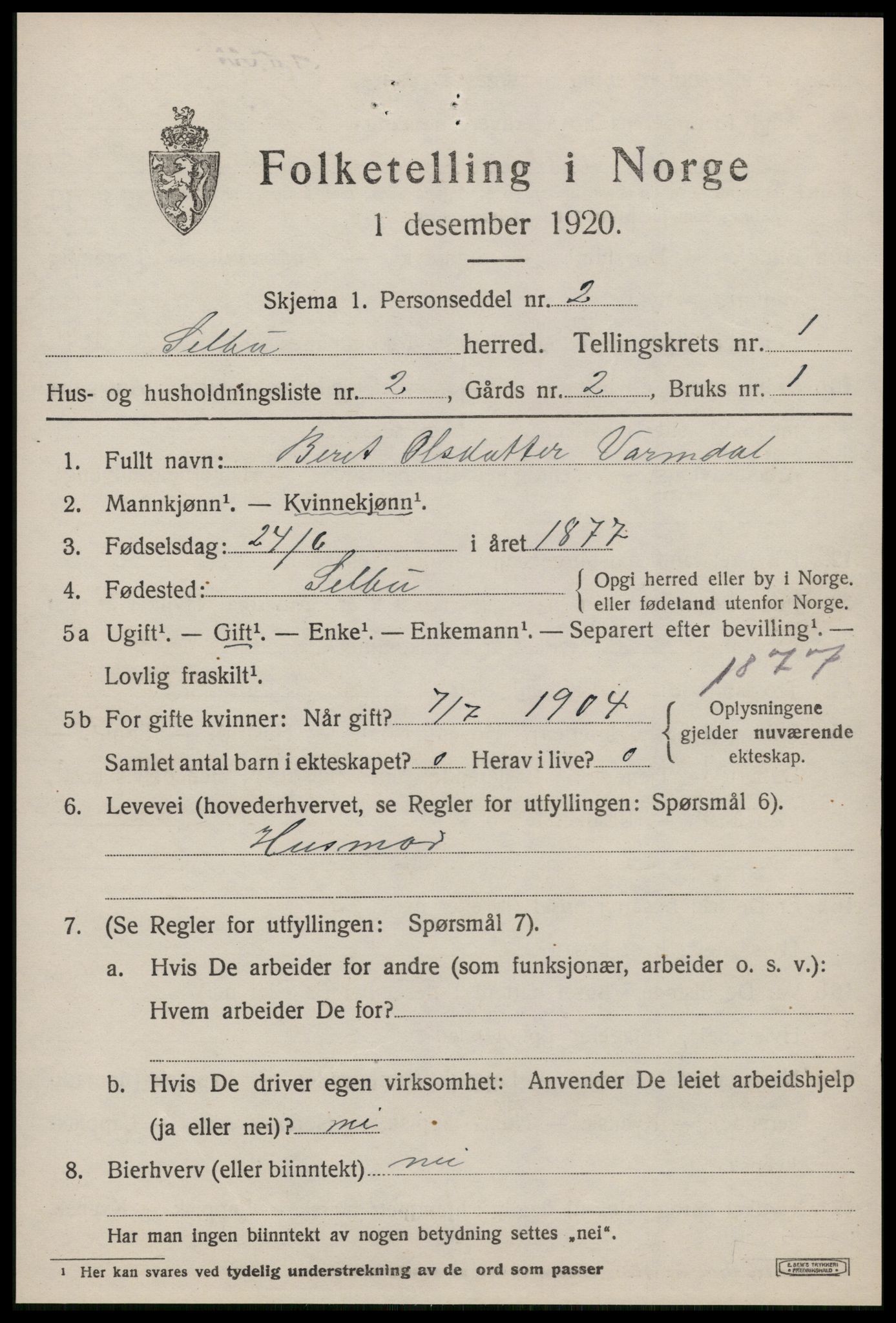 SAT, 1920 census for Selbu, 1920, p. 1690