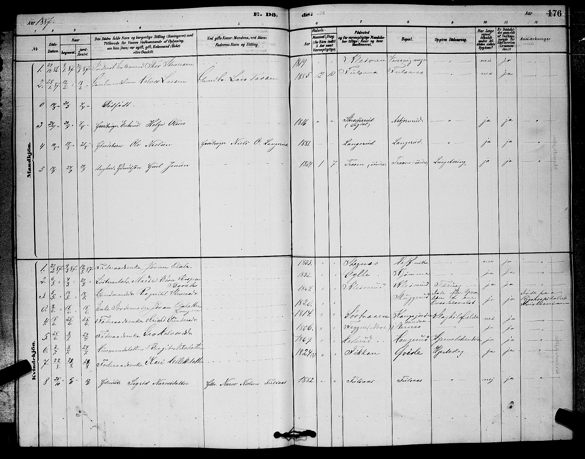 Rollag kirkebøker, SAKO/A-240/G/Ga/L0004: Parish register (copy) no. I 4, 1878-1903, p. 176