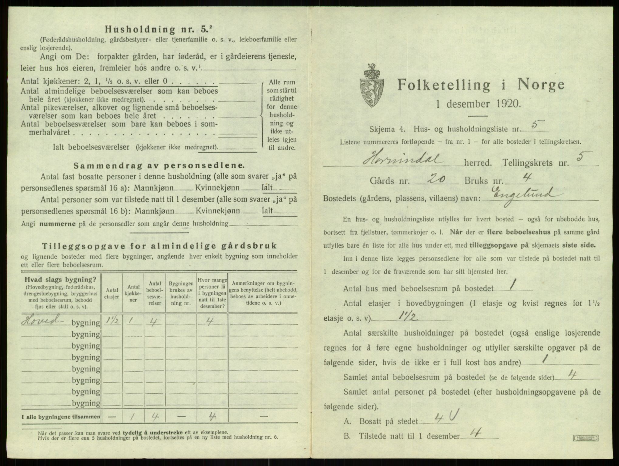 SAB, 1920 census for Hornindal, 1920, p. 315