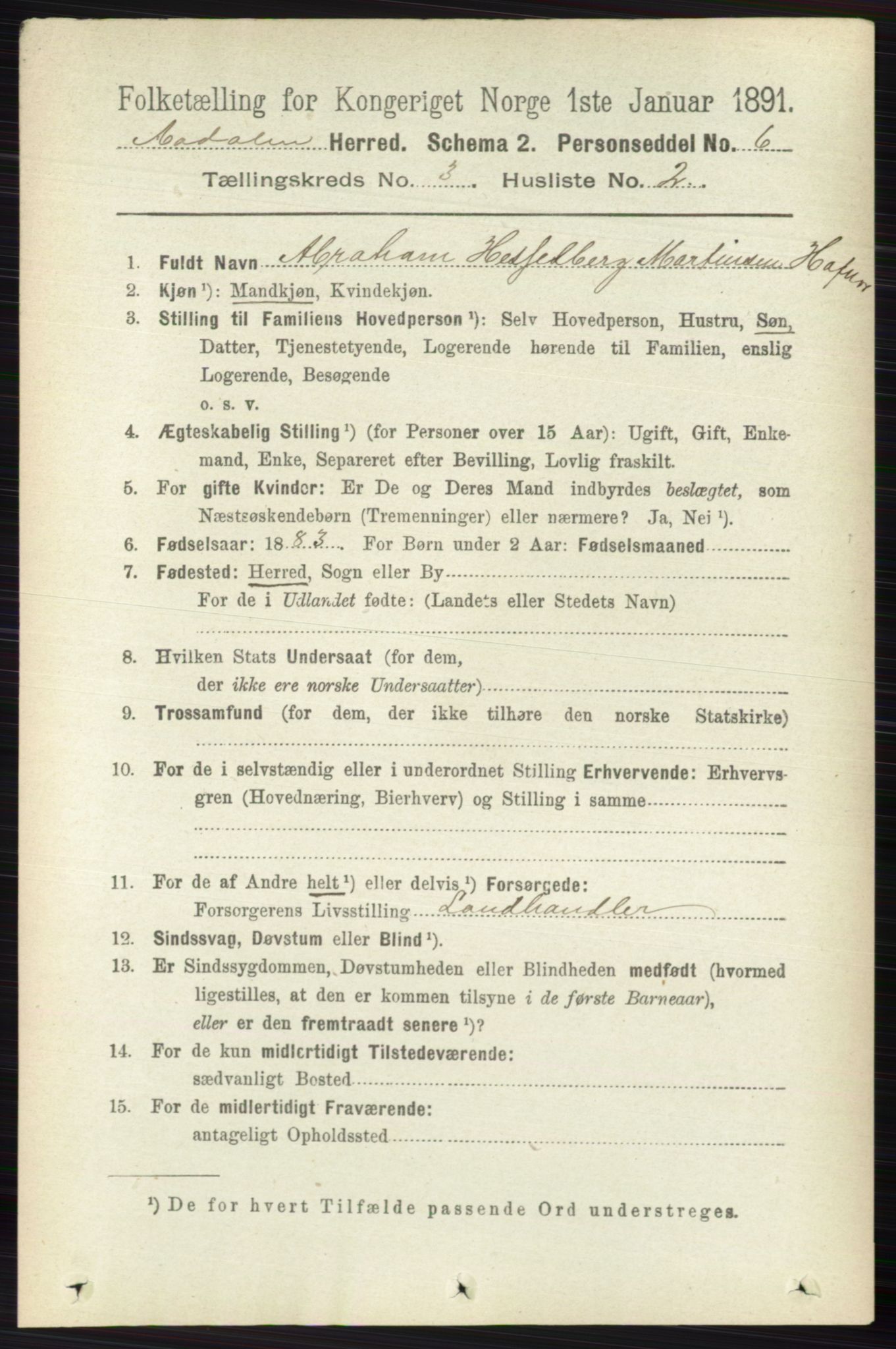 RA, 1891 census for 0614 Ådal, 1891, p. 1045