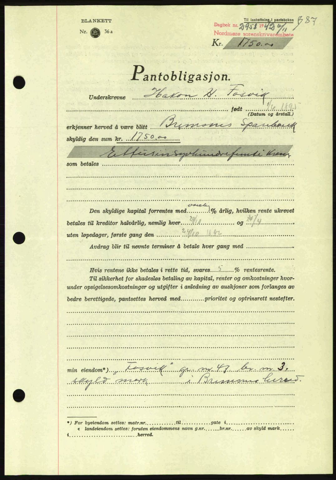 Nordmøre sorenskriveri, AV/SAT-A-4132/1/2/2Ca: Mortgage book no. B90, 1942-1943, Diary no: : 2958/1942