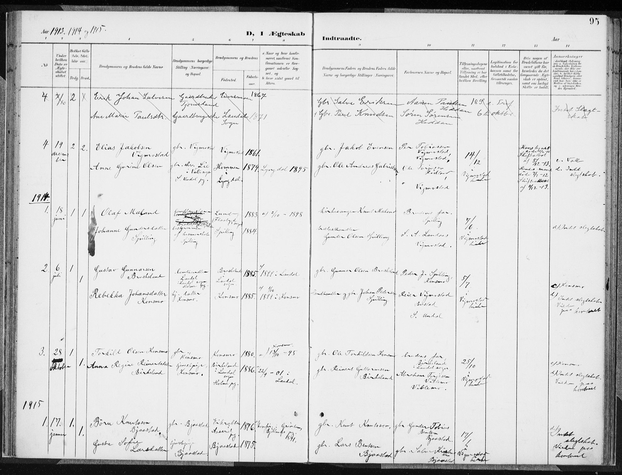 Nord-Audnedal sokneprestkontor, AV/SAK-1111-0032/F/Fa/Fab/L0004: Parish register (official) no. A 4, 1901-1917, p. 95