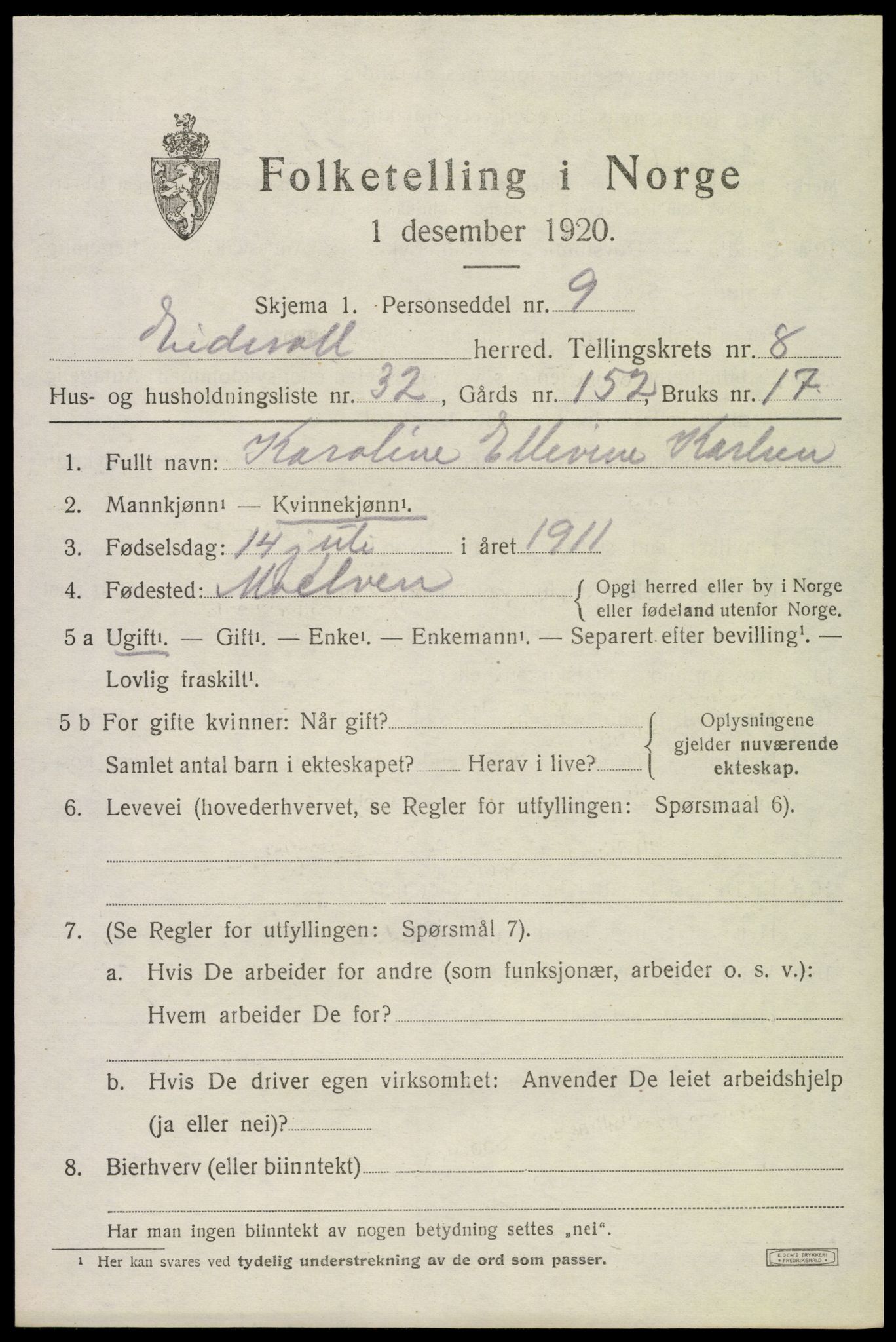 SAO, 1920 census for Eidsvoll, 1920, p. 13317