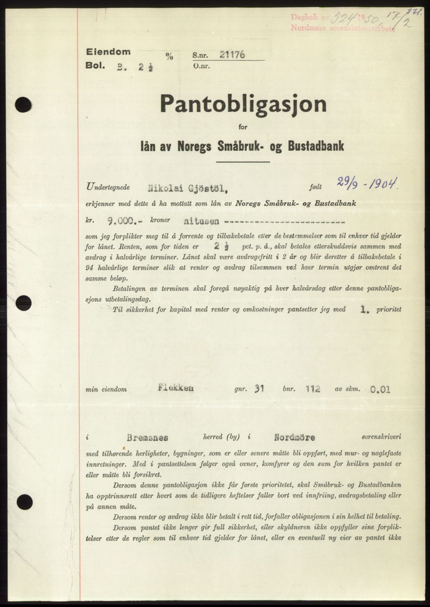 Nordmøre sorenskriveri, AV/SAT-A-4132/1/2/2Ca: Mortgage book no. B103, 1949-1950, Diary no: : 524/1950