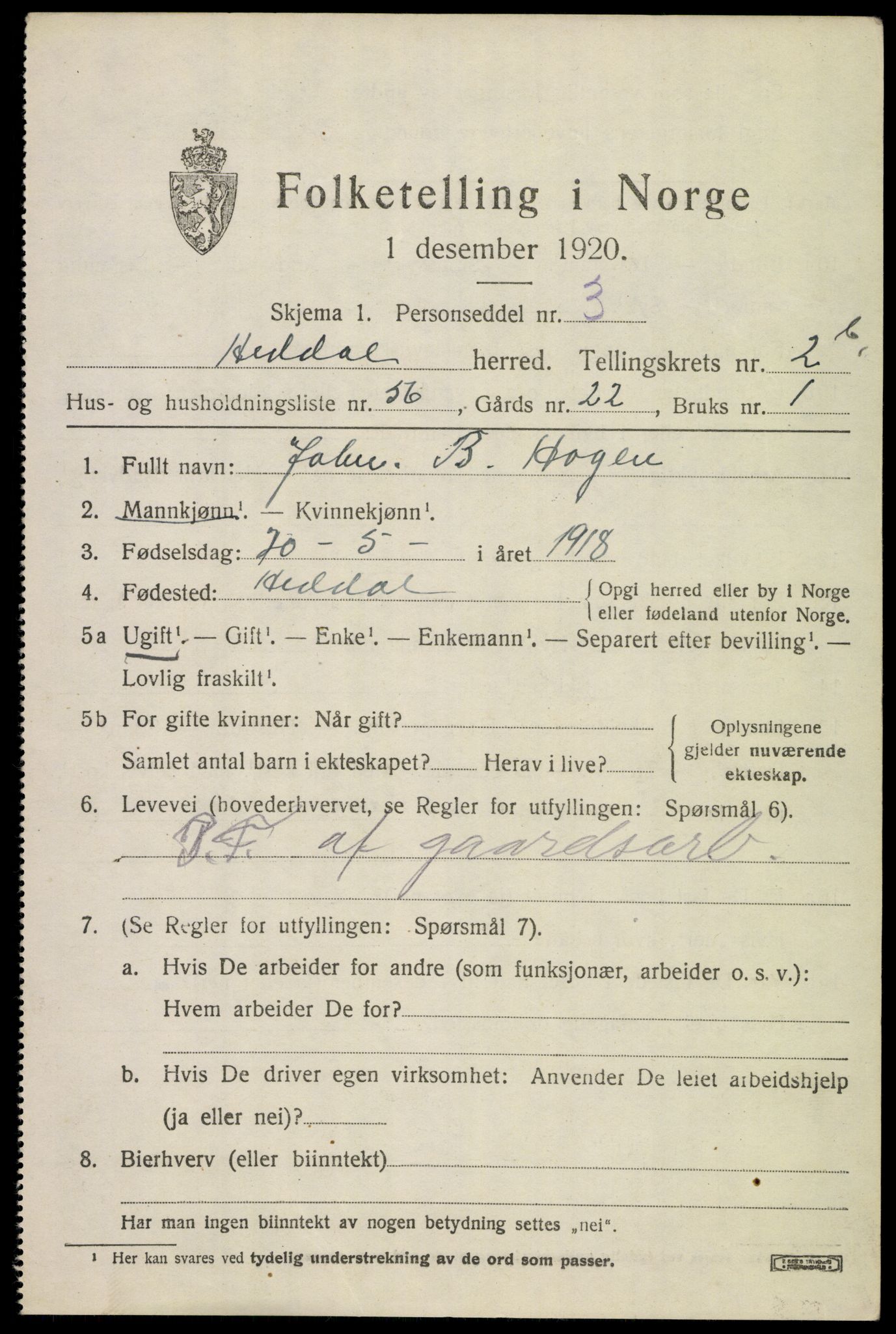 SAKO, 1920 census for Heddal, 1920, p. 3640