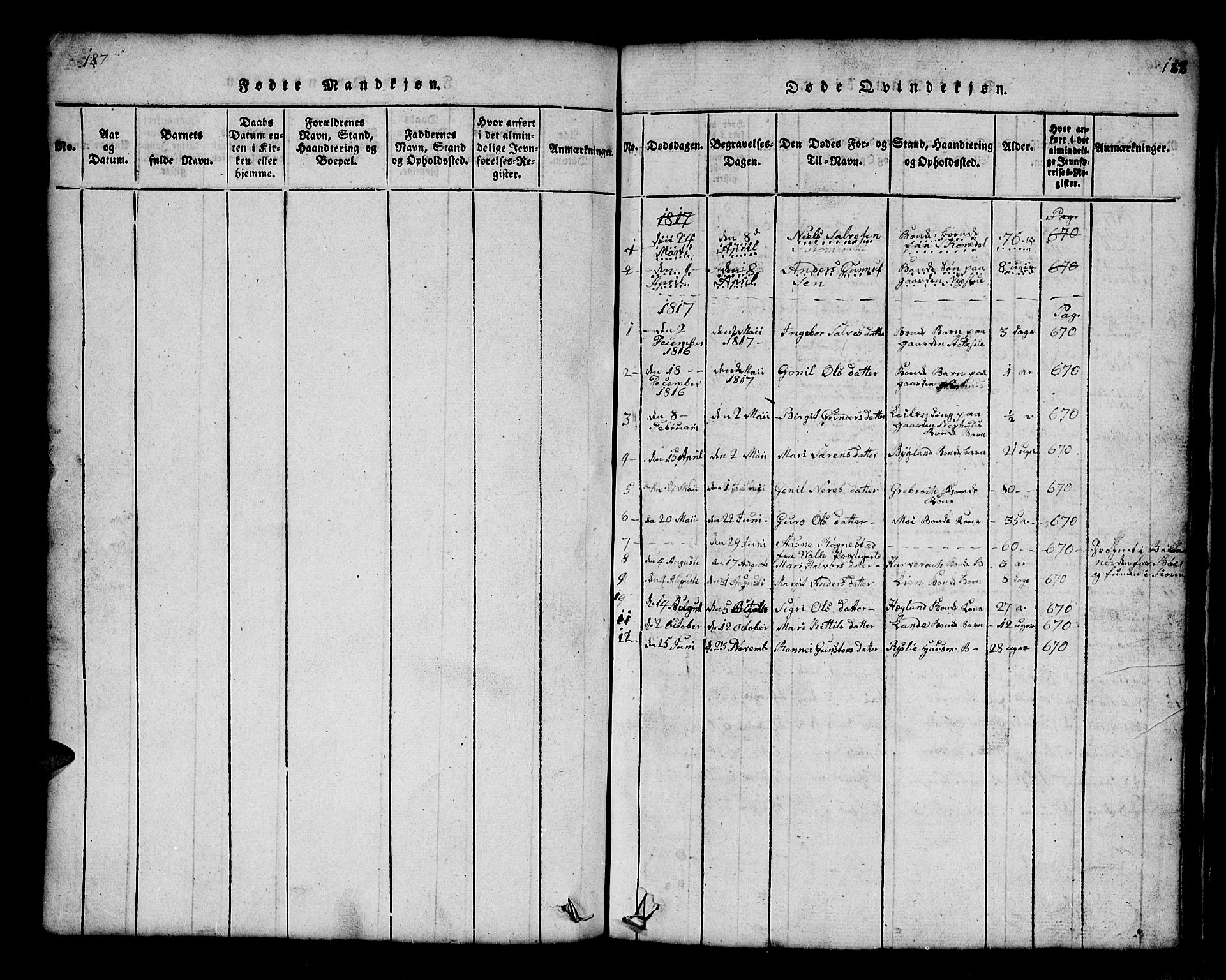 Bygland sokneprestkontor, SAK/1111-0006/F/Fb/Fbb/L0001: Parish register (copy) no. B 1, 1816-1843, p. 188-189