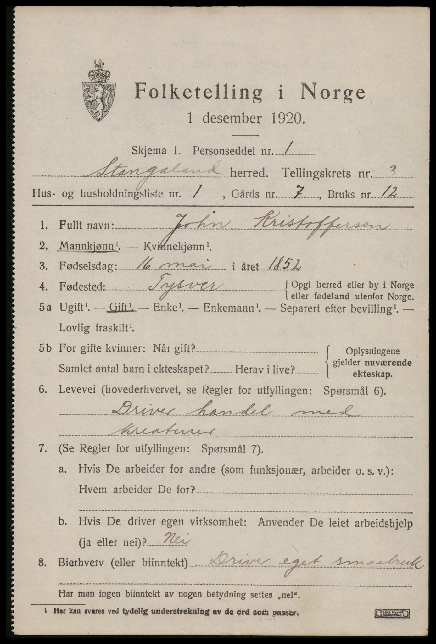 SAST, 1920 census for Stangaland, 1920, p. 2167