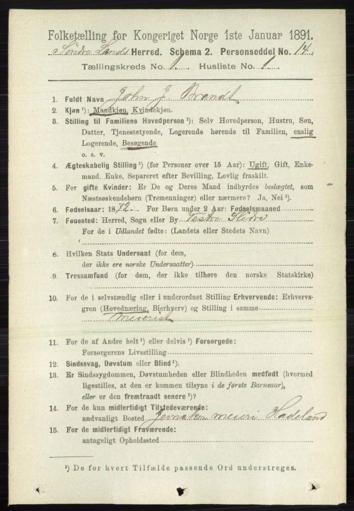 RA, 1891 census for 0536 Søndre Land, 1891, p. 145