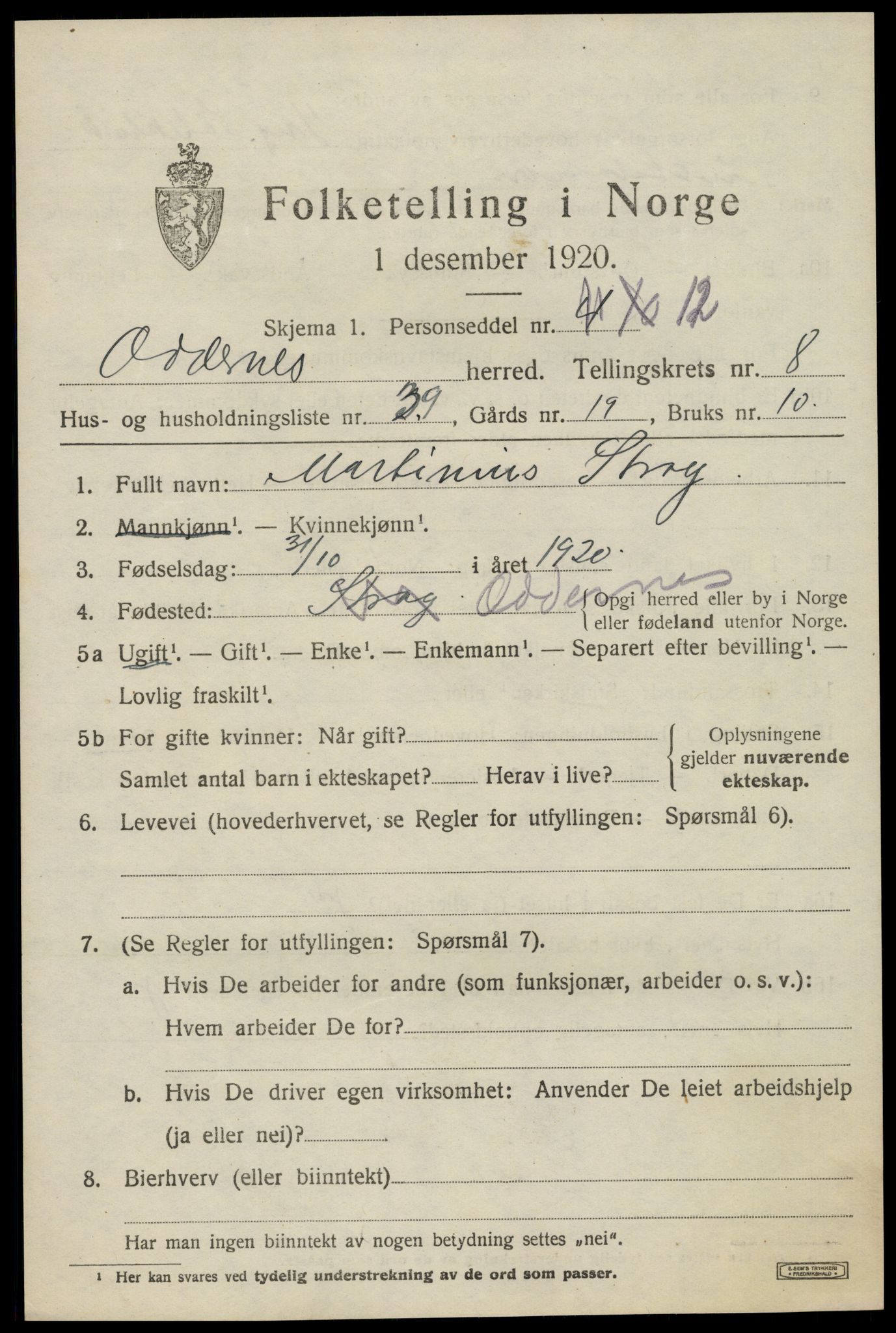 SAK, 1920 census for Oddernes, 1920, p. 6031