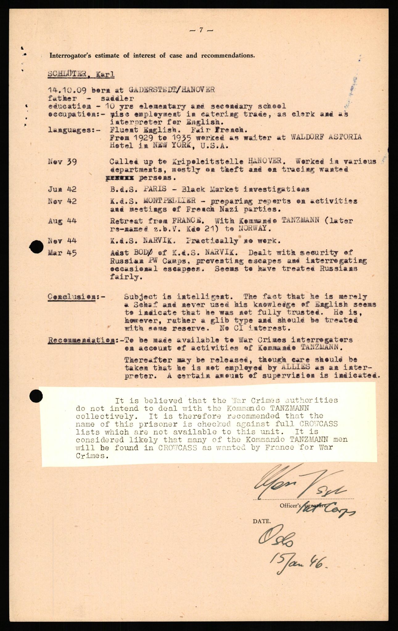 Forsvaret, Forsvarets overkommando II, AV/RA-RAFA-3915/D/Db/L0029: CI Questionaires. Tyske okkupasjonsstyrker i Norge. Tyskere., 1945-1946, p. 309