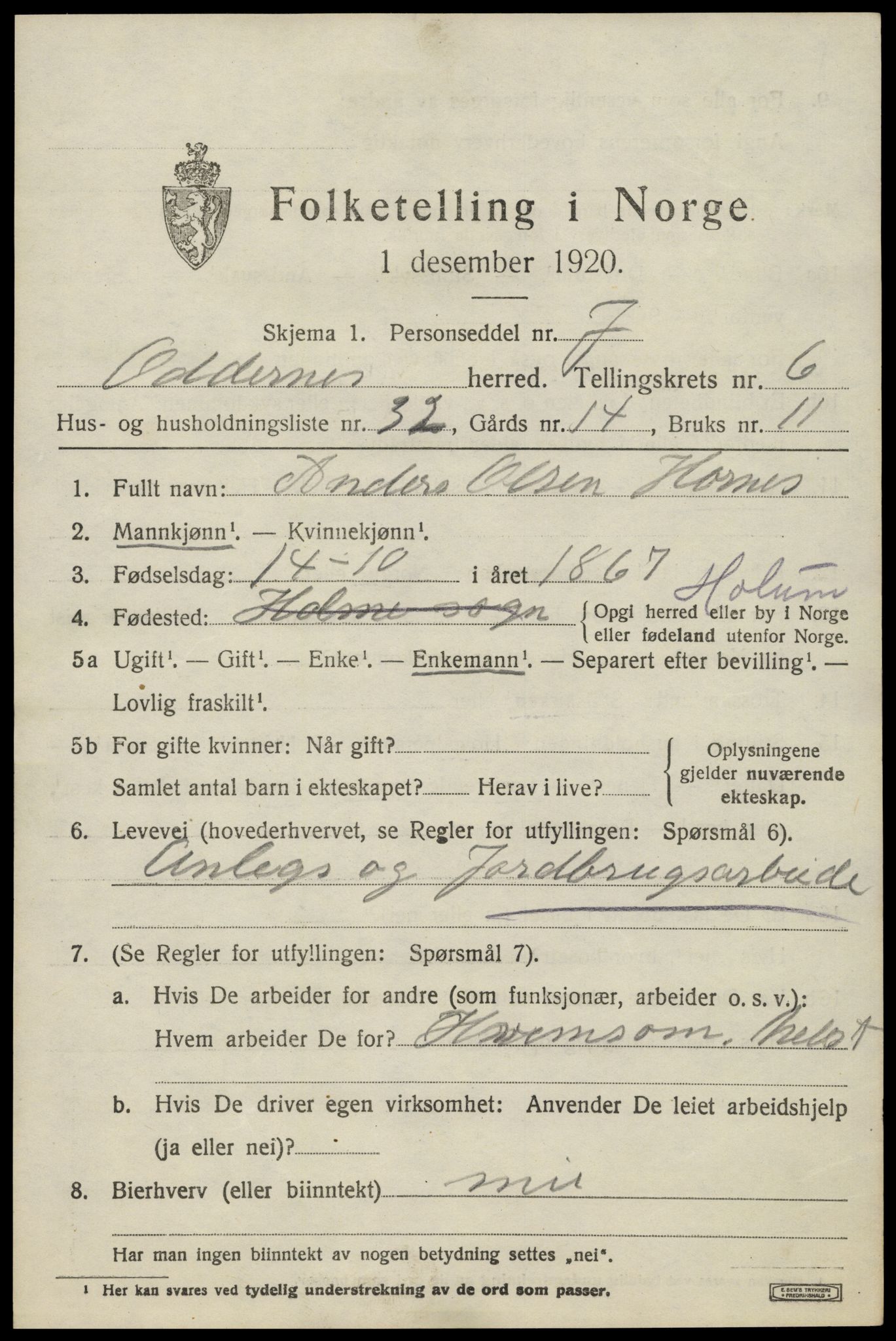 SAK, 1920 census for Oddernes, 1920, p. 5295