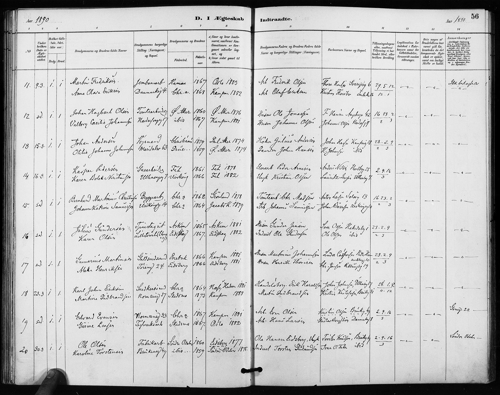 Kampen prestekontor Kirkebøker, SAO/A-10853/F/Fa/L0004: Parish register (official) no. I 4, 1885-1892, p. 56