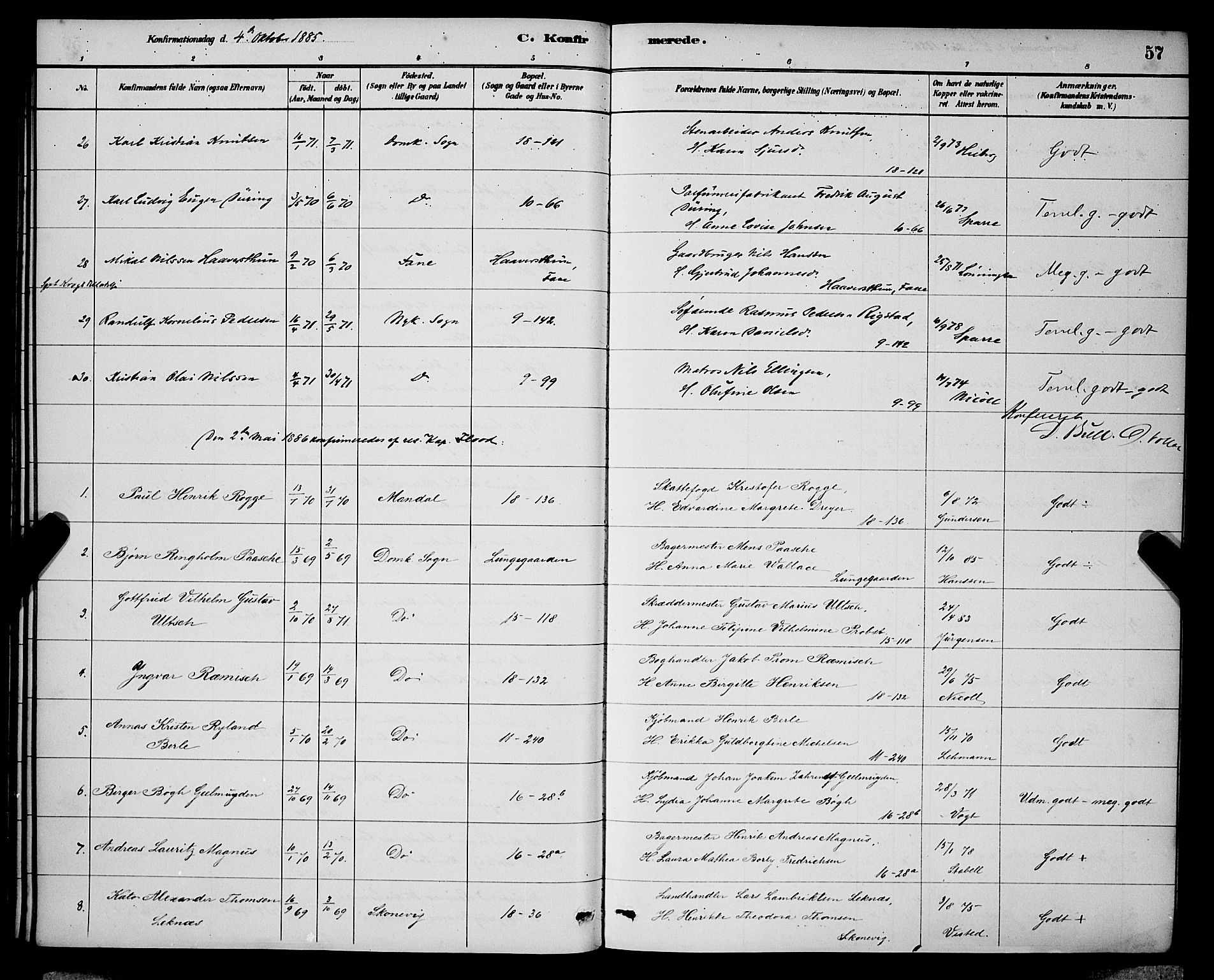 Domkirken sokneprestembete, SAB/A-74801/H/Hab/L0024: Parish register (copy) no. C 4, 1880-1899, p. 57