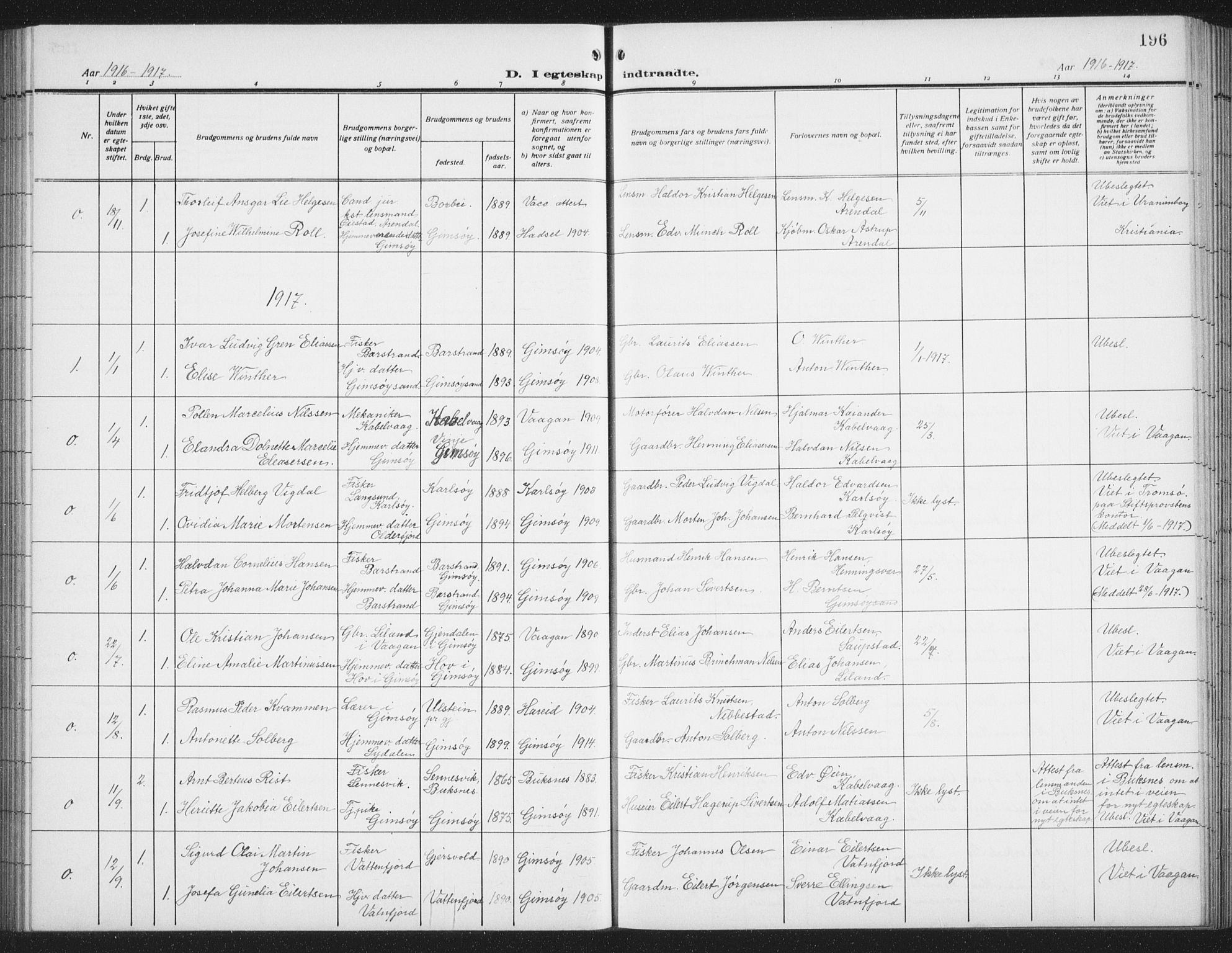 Ministerialprotokoller, klokkerbøker og fødselsregistre - Nordland, SAT/A-1459/876/L1106: Parish register (copy) no. 876C05, 1915-1942, p. 196