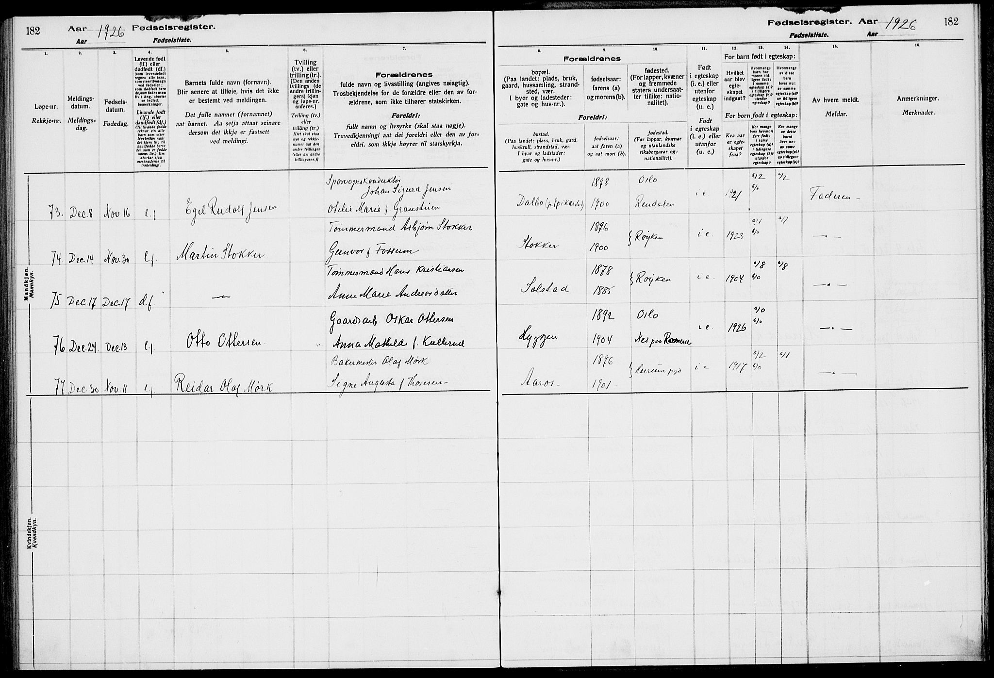 Røyken kirkebøker, AV/SAKO-A-241/J/Ja/L0001: Birth register no. 1, 1916-1927, p. 182