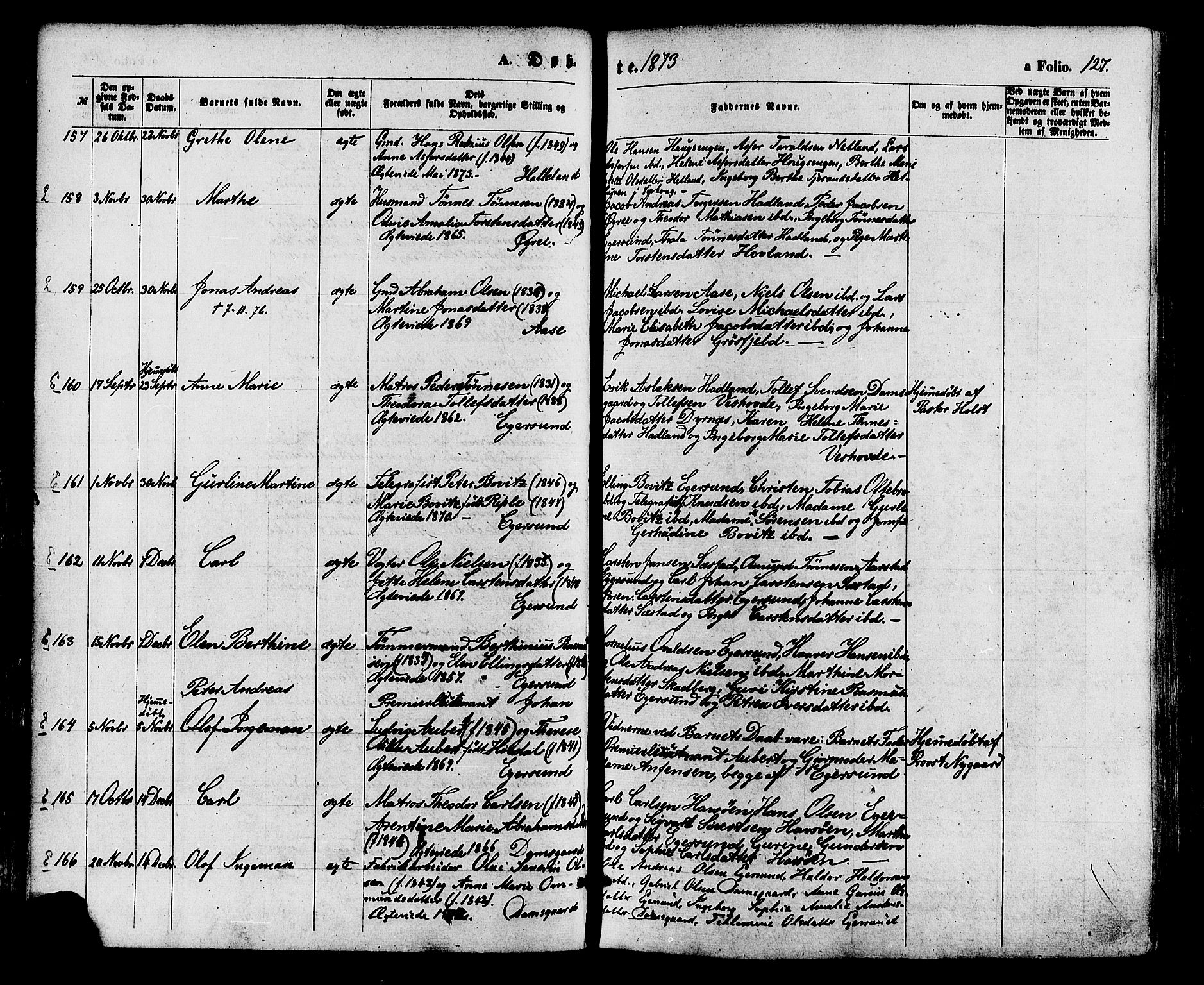 Eigersund sokneprestkontor, AV/SAST-A-101807/S08/L0014: Parish register (official) no. A 13, 1866-1878, p. 127