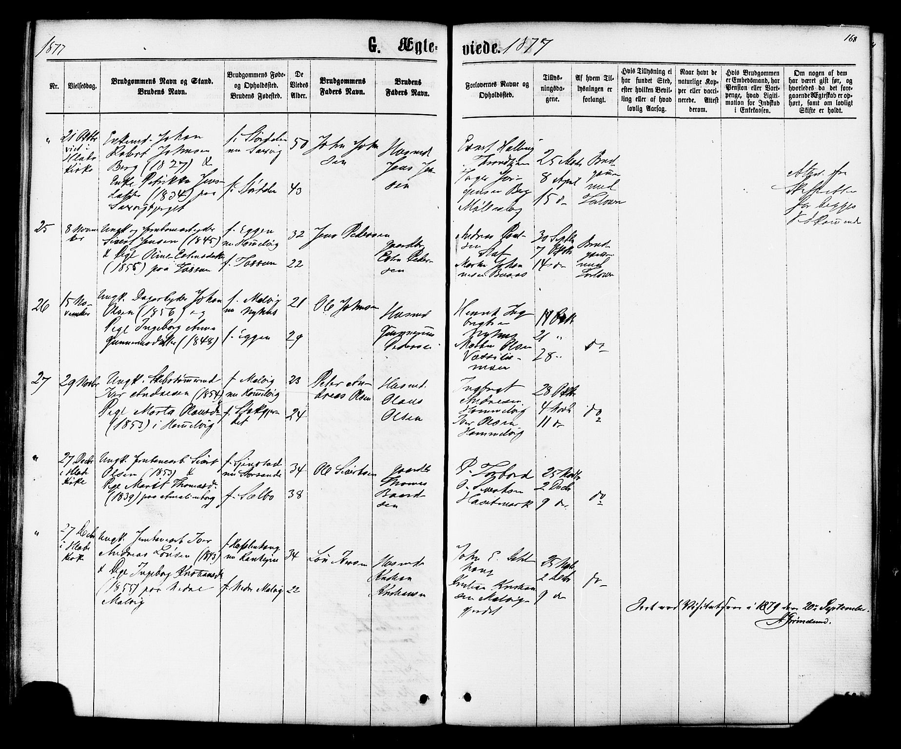 Ministerialprotokoller, klokkerbøker og fødselsregistre - Sør-Trøndelag, AV/SAT-A-1456/616/L0409: Parish register (official) no. 616A06, 1865-1877, p. 168