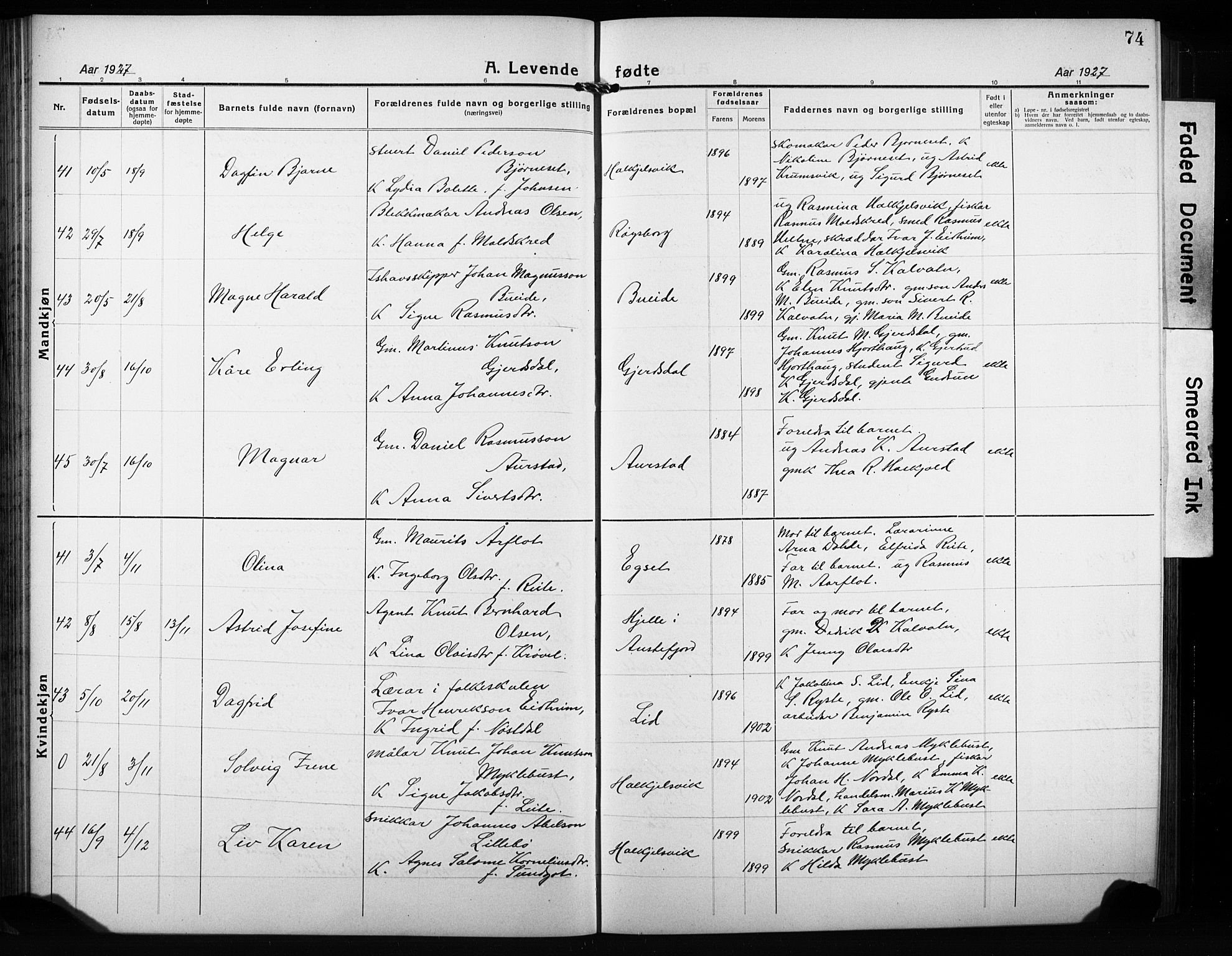 Ministerialprotokoller, klokkerbøker og fødselsregistre - Møre og Romsdal, AV/SAT-A-1454/511/L0160: Parish register (copy) no. 511C06, 1920-1932, p. 74