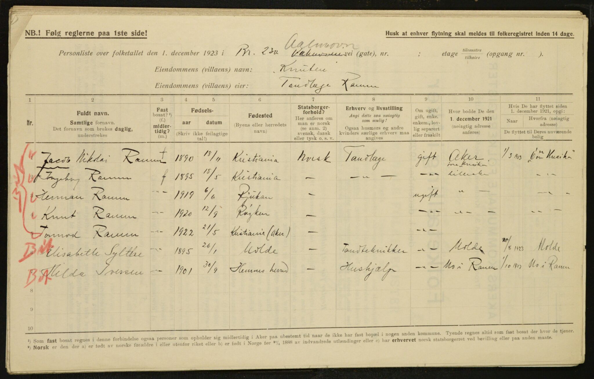 , Municipal Census 1923 for Aker, 1923, p. 7