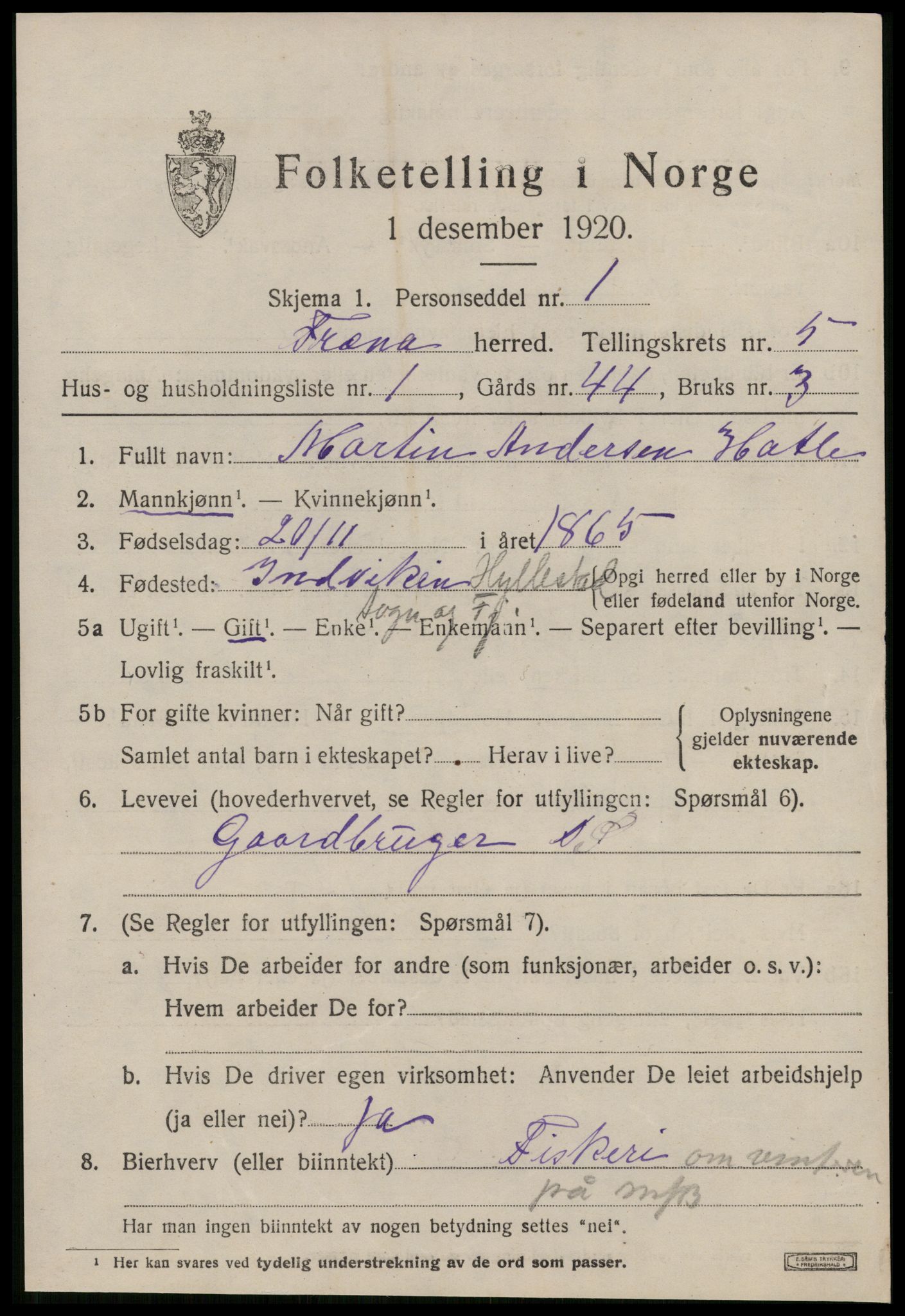 SAT, 1920 census for Fræna, 1920, p. 3543