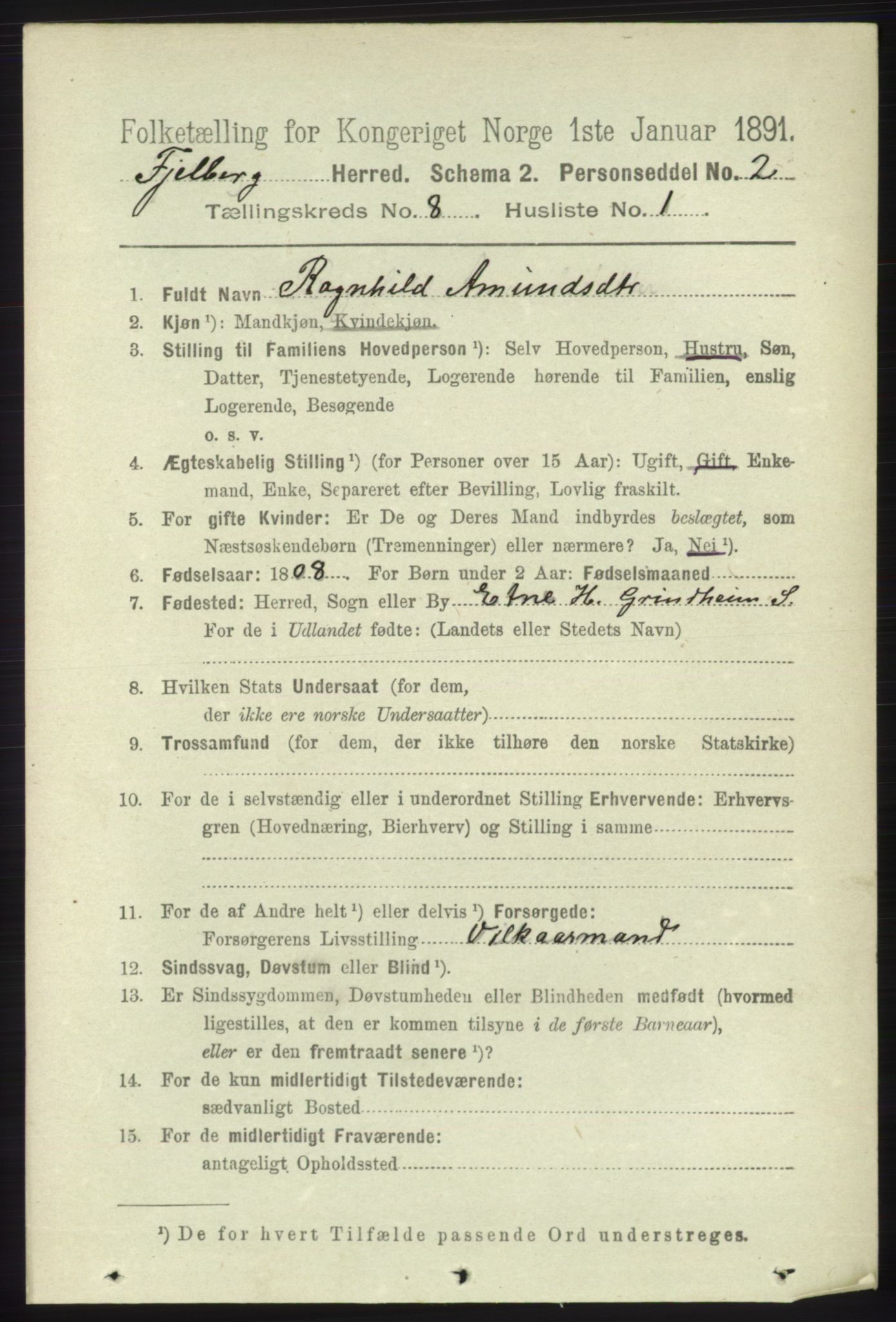 RA, 1891 census for 1213 Fjelberg, 1891, p. 2957