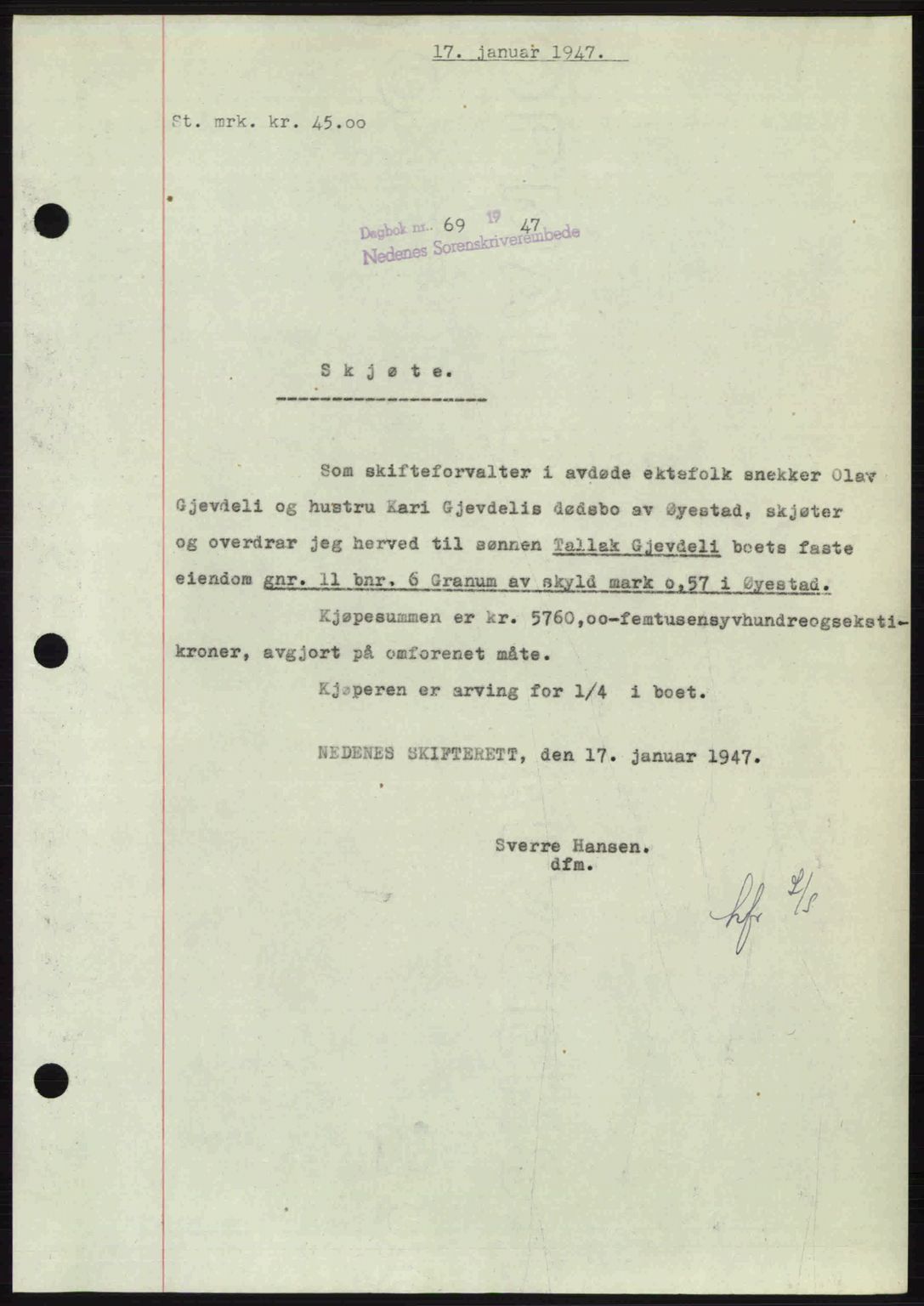 Nedenes sorenskriveri, AV/SAK-1221-0006/G/Gb/Gba/L0056: Mortgage book no. A8, 1946-1947, Diary no: : 69/1947