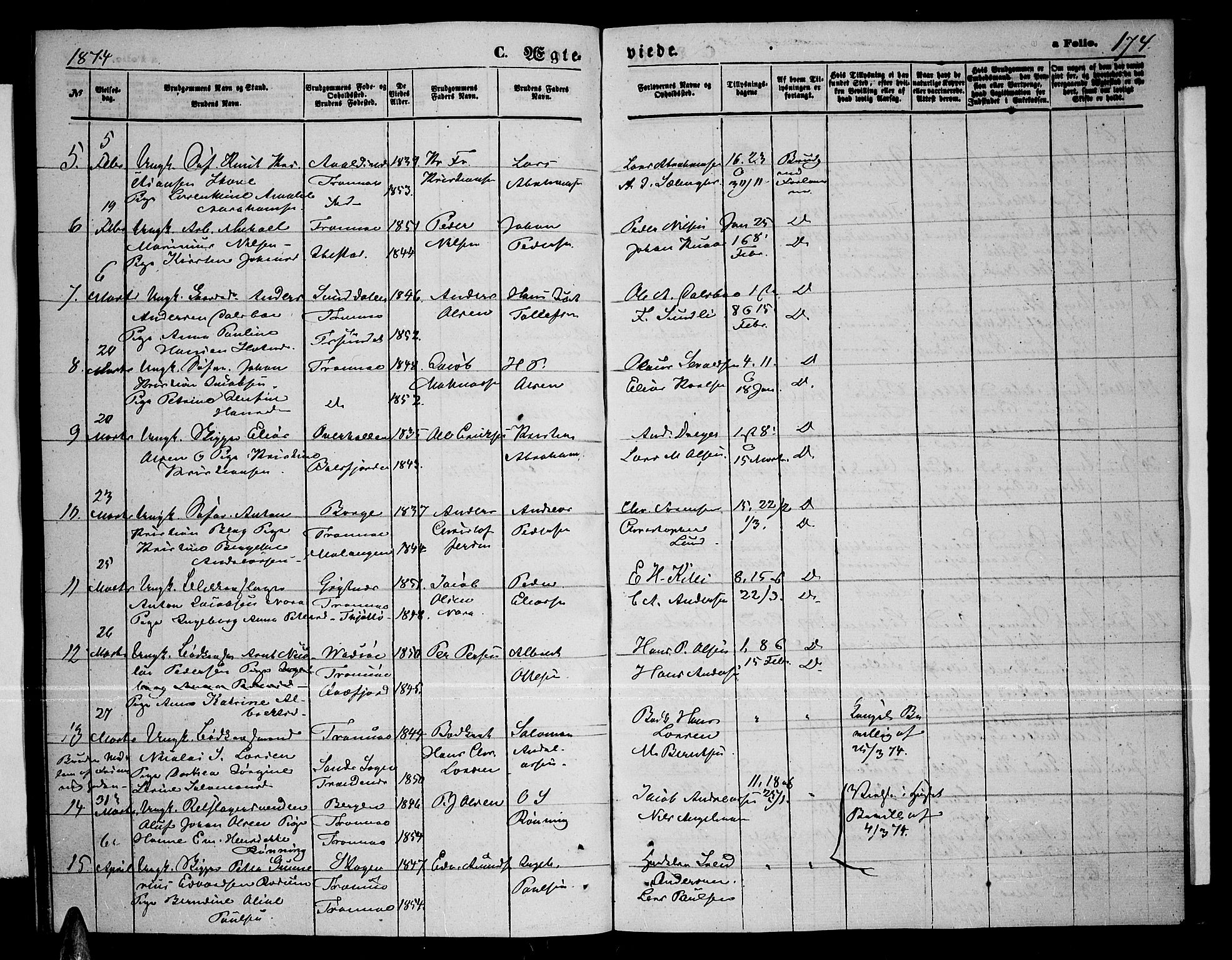 Tromsø sokneprestkontor/stiftsprosti/domprosti, AV/SATØ-S-1343/G/Gb/L0007klokker: Parish register (copy) no. 7, 1867-1875, p. 174