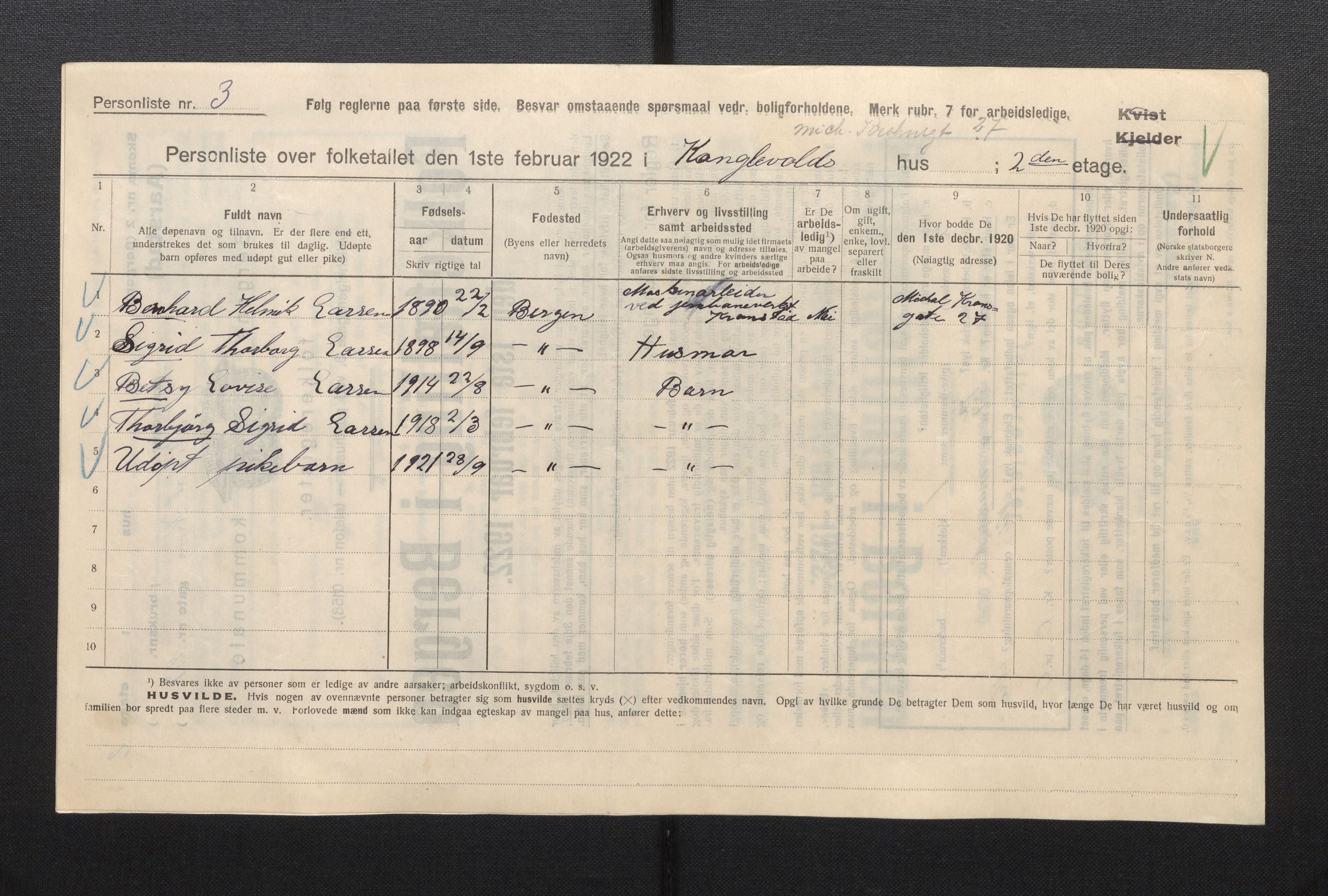 SAB, Municipal Census 1922 for Bergen, 1922, p. 56420