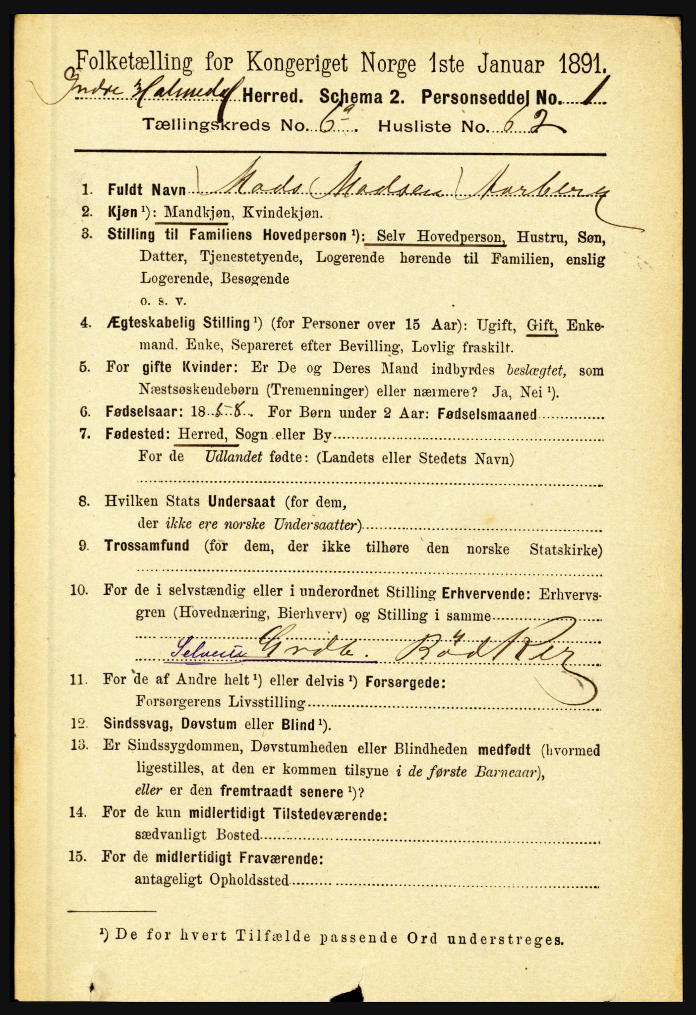 RA, 1891 census for 1430 Indre Holmedal, 1891, p. 2855