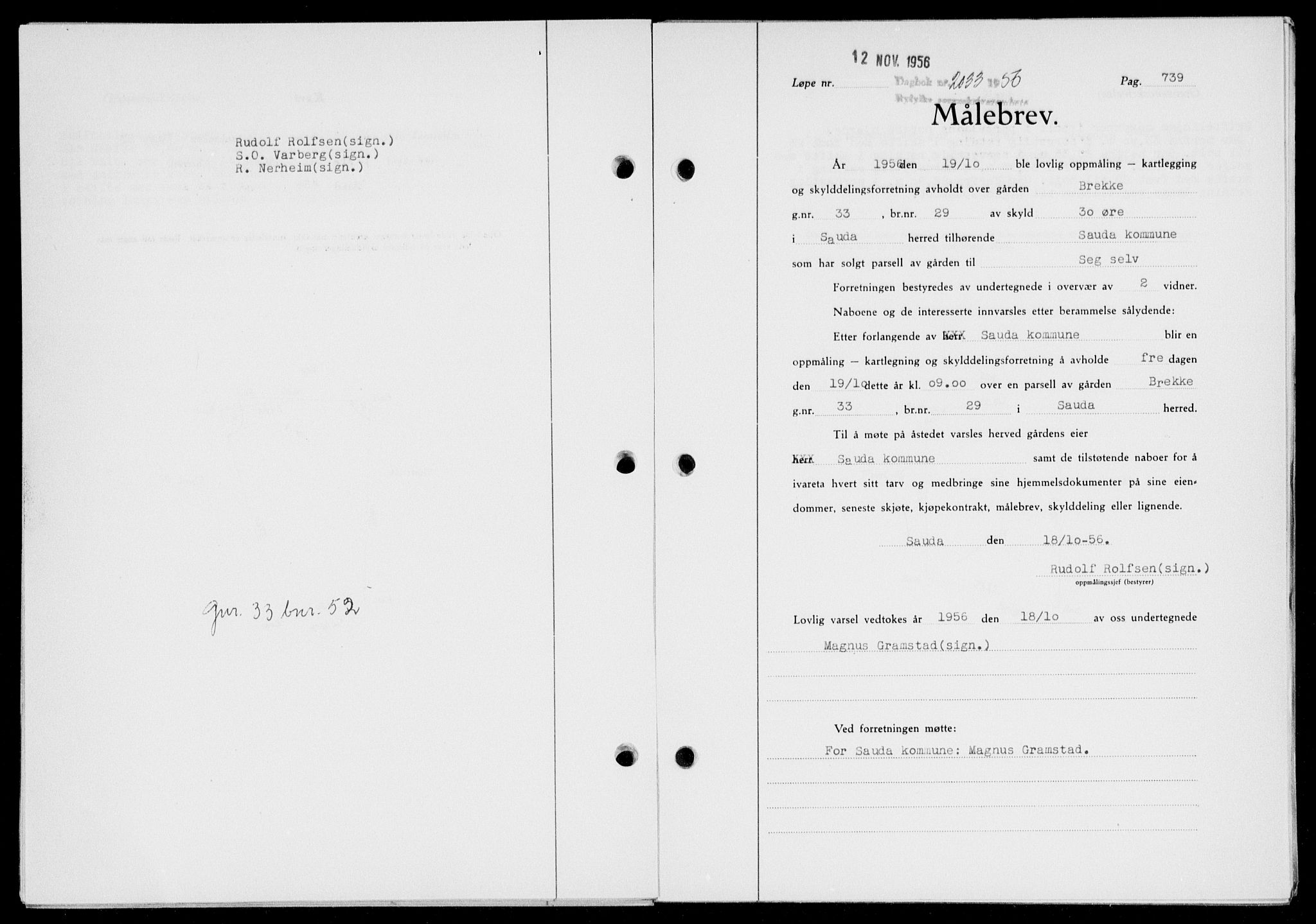 Ryfylke tingrett, AV/SAST-A-100055/001/II/IIB/L0135: Mortgage book no. 114, 1956-1957, Diary no: : 2033/1956