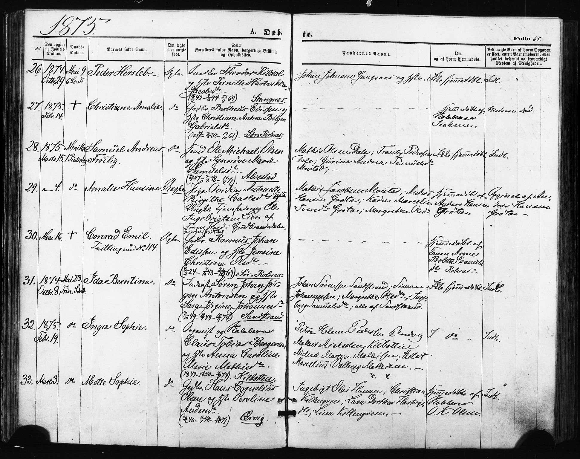 Trondenes sokneprestkontor, AV/SATØ-S-1319/H/Ha/L0013kirke: Parish register (official) no. 13, 1870-1878, p. 68