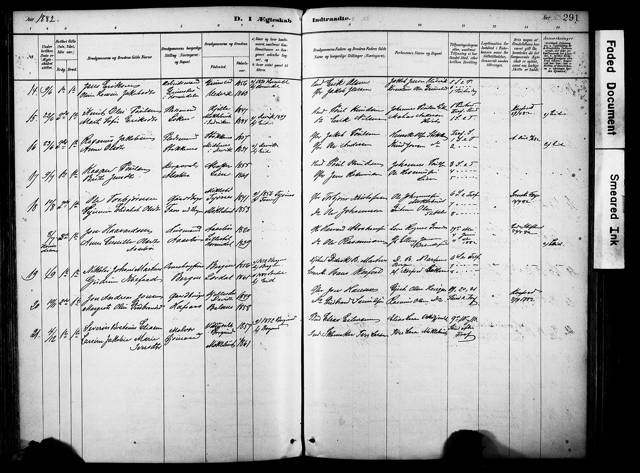 Eid sokneprestembete, AV/SAB-A-82301/H/Haa/Haab/L0001: Parish register (official) no. B 1, 1879-1906, p. 291