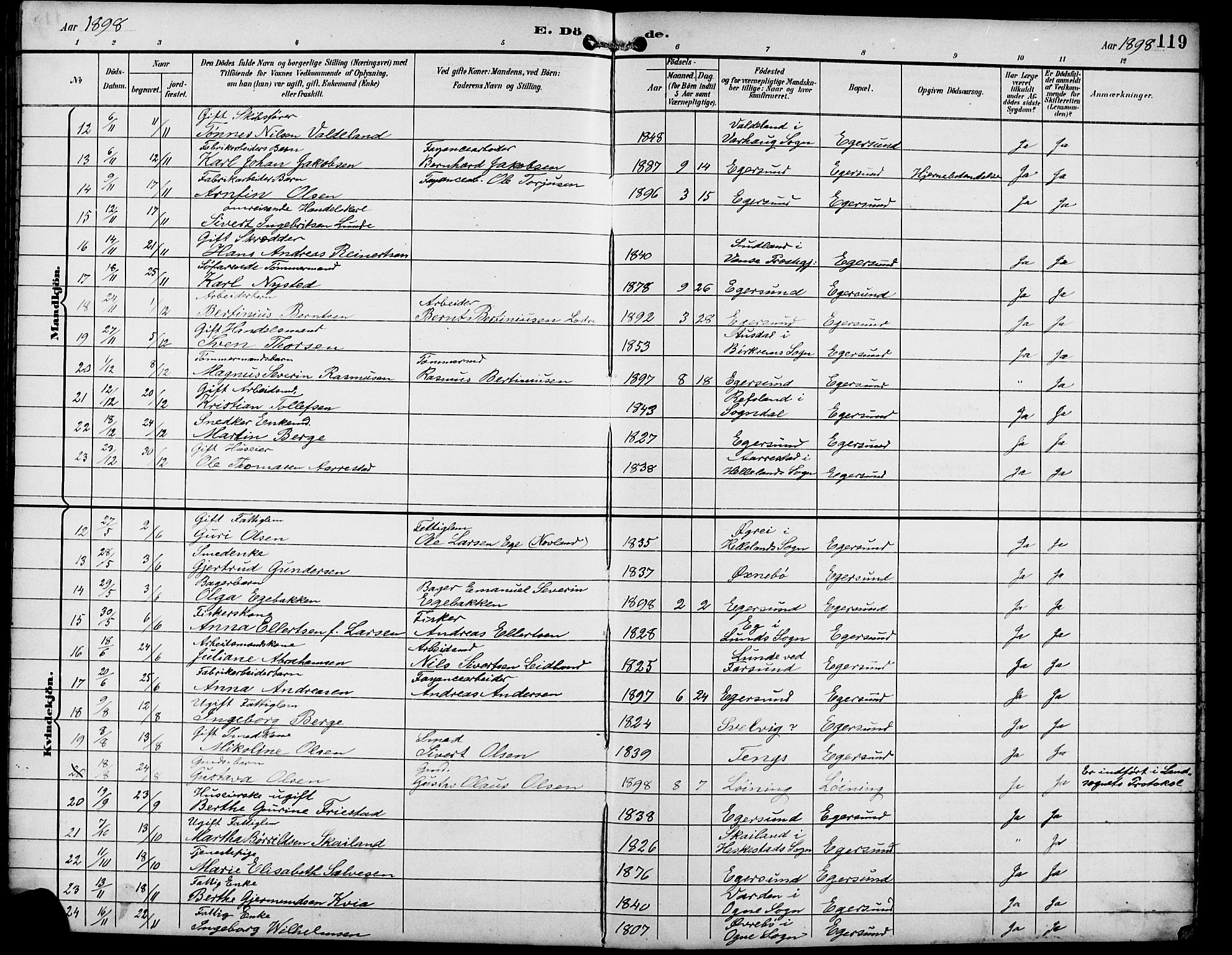 Eigersund sokneprestkontor, AV/SAST-A-101807/S09/L0010: Parish register (copy) no. B 10, 1893-1907, p. 119