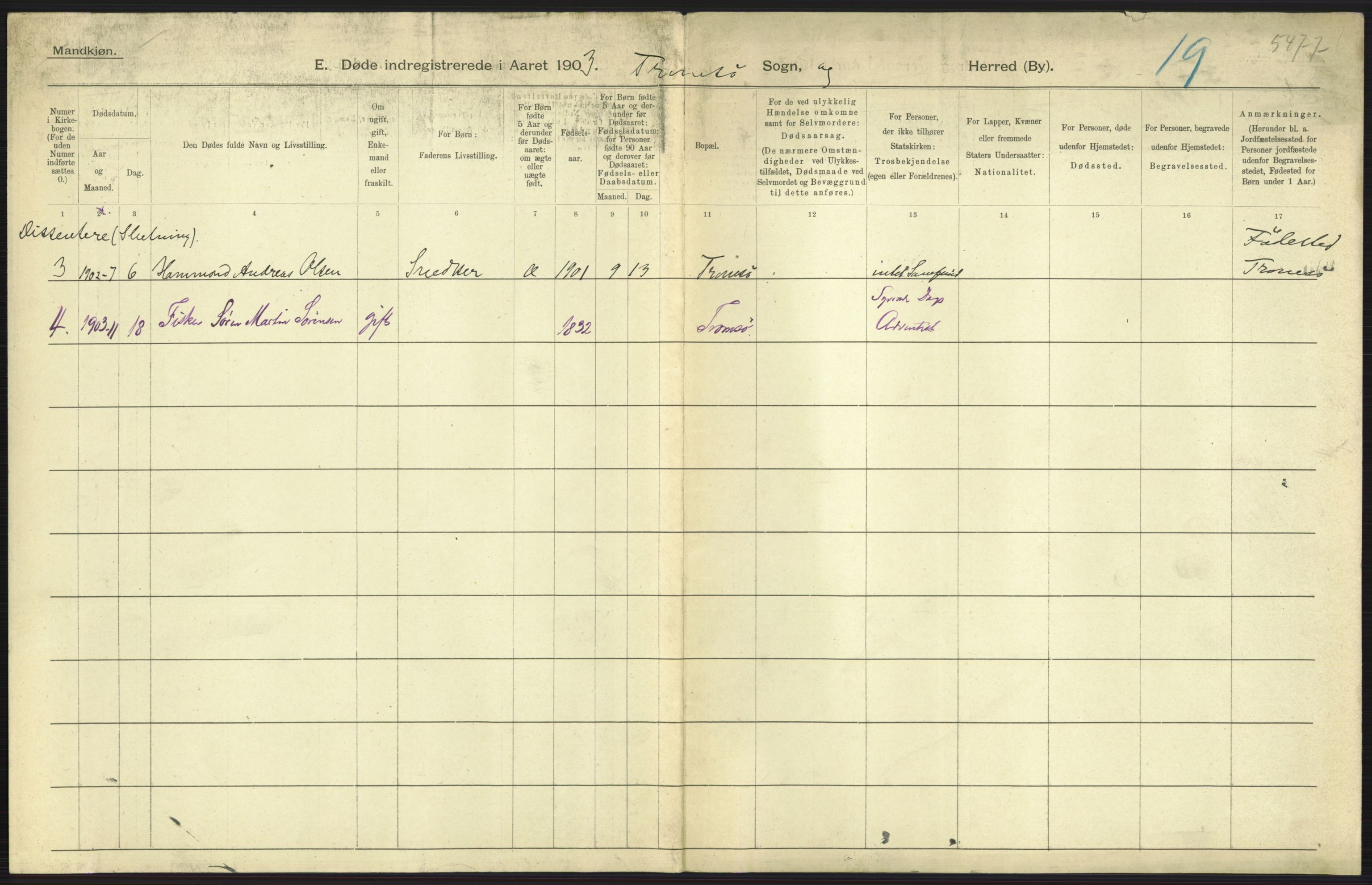 Statistisk sentralbyrå, Sosiodemografiske emner, Befolkning, AV/RA-S-2228/D/Df/Dfa/Dfaa/L0021: Tromsø amt: Fødte, gifte, døde., 1903, p. 527