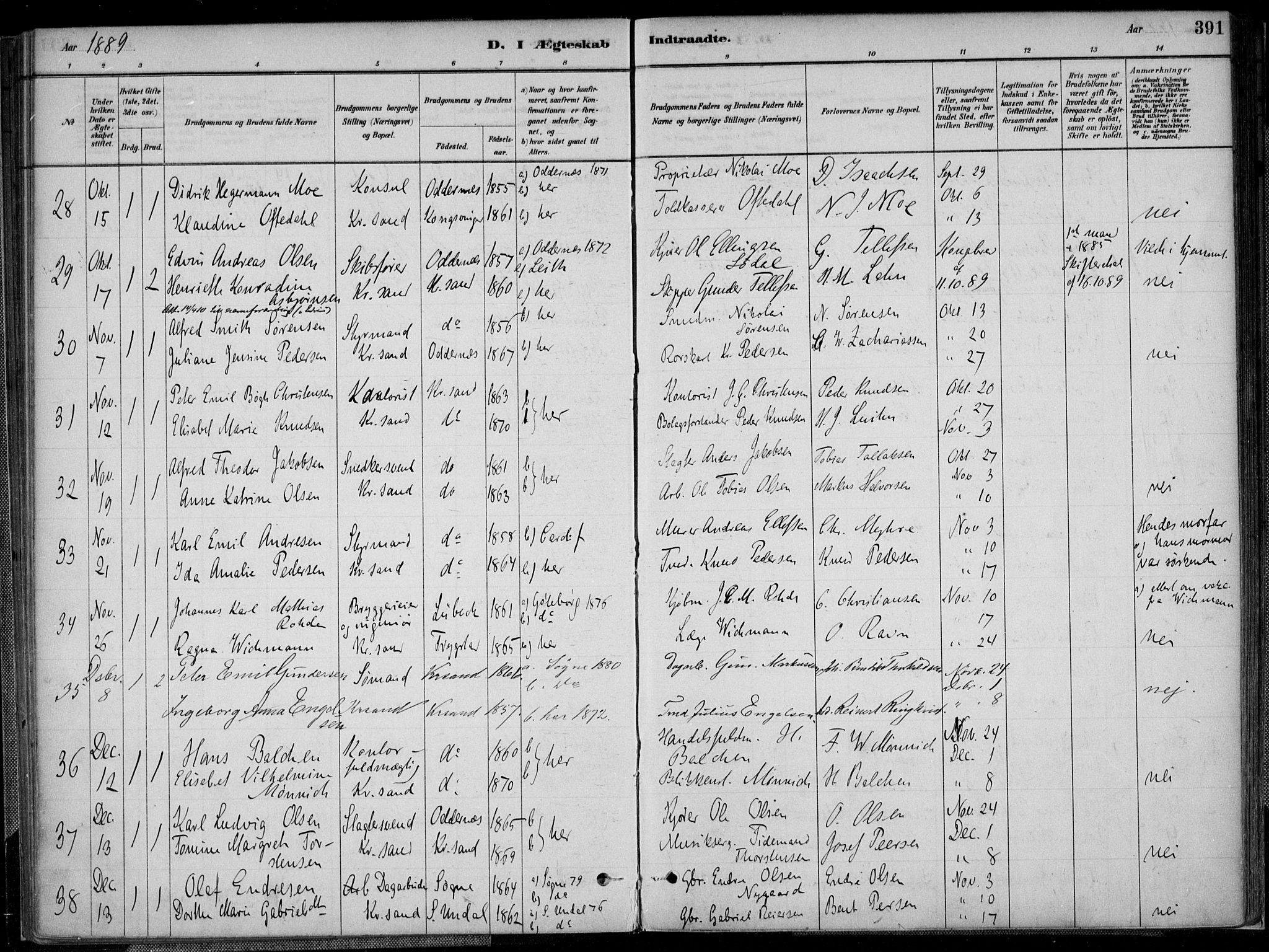 Kristiansand domprosti, SAK/1112-0006/F/Fa/L0017: Parish register (official) no. A 16B, 1880-1890, p. 391