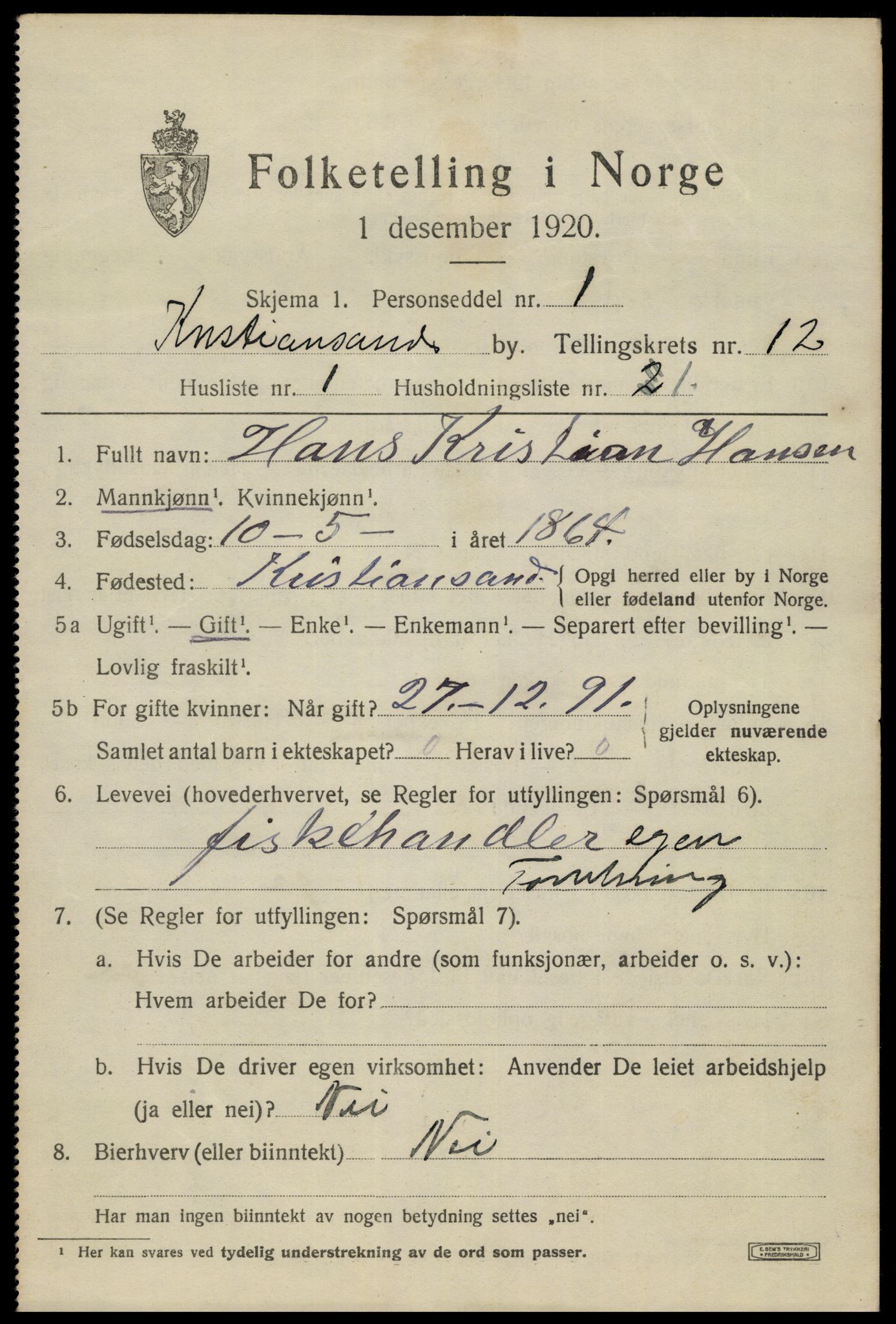 SAK, 1920 census for Kristiansand, 1920, p. 25693