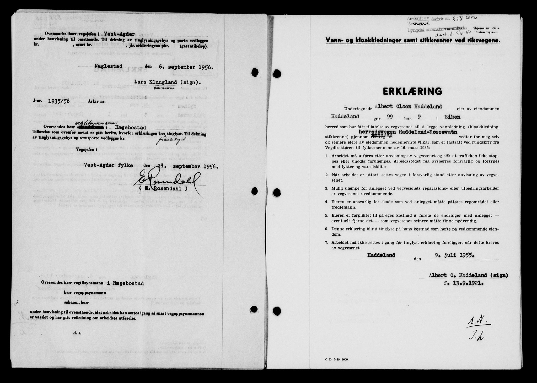 Lyngdal sorenskriveri, AV/SAK-1221-0004/G/Gb/L0675: Mortgage book no. A XXI, 1956-1956, Diary no: : 858/1956