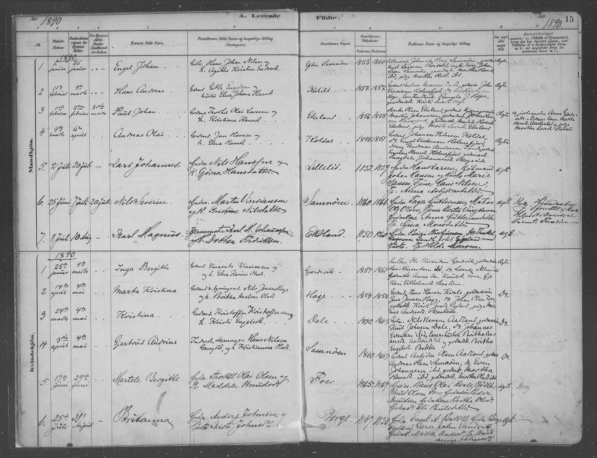 Fusa sokneprestembete, AV/SAB-A-75401/H/Haa: Parish register (official) no. B 1, 1880-1938, p. 15