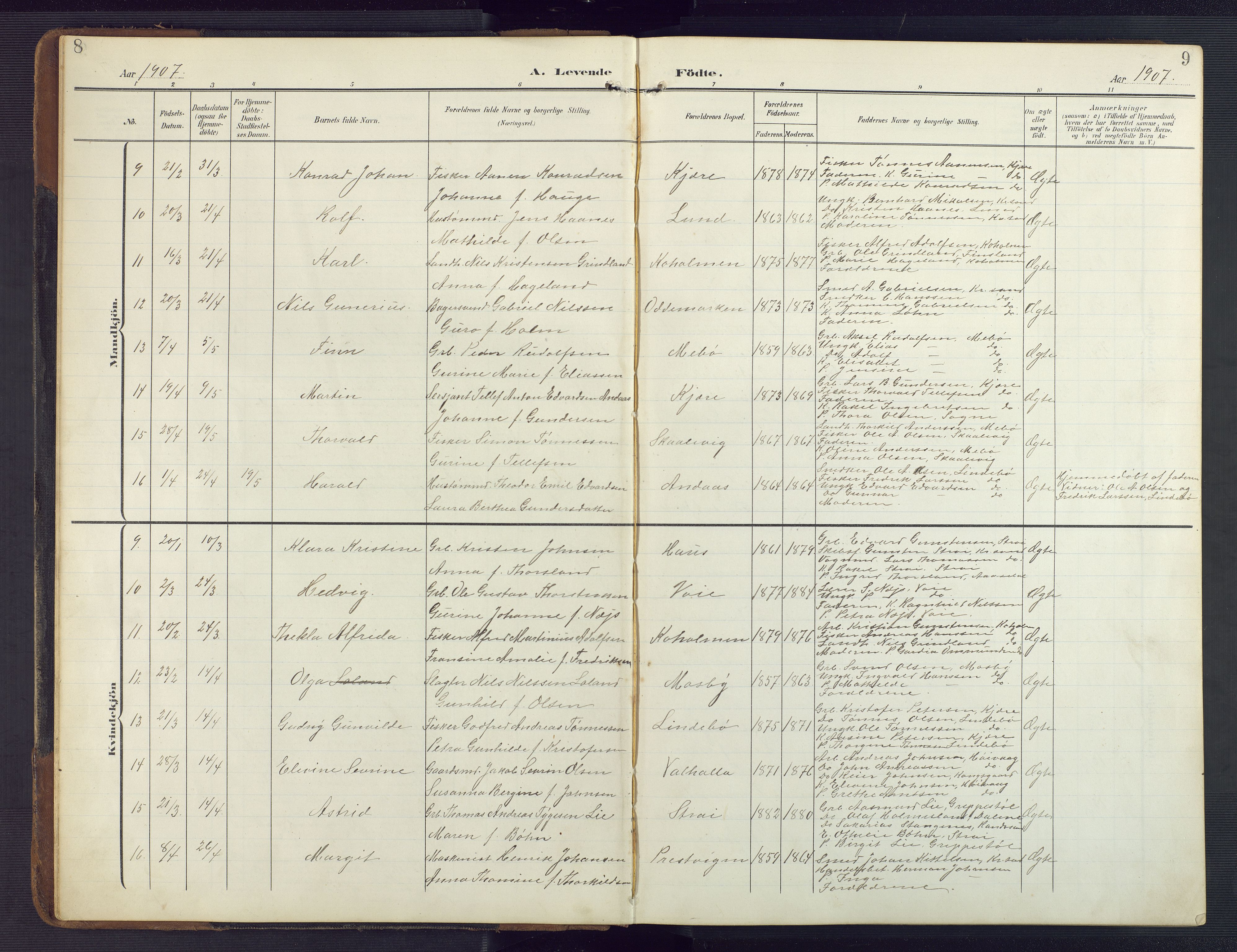 Oddernes sokneprestkontor, SAK/1111-0033/F/Fb/Fba/L0010: Parish register (copy) no. B 10, 1907-1941, p. 8-9