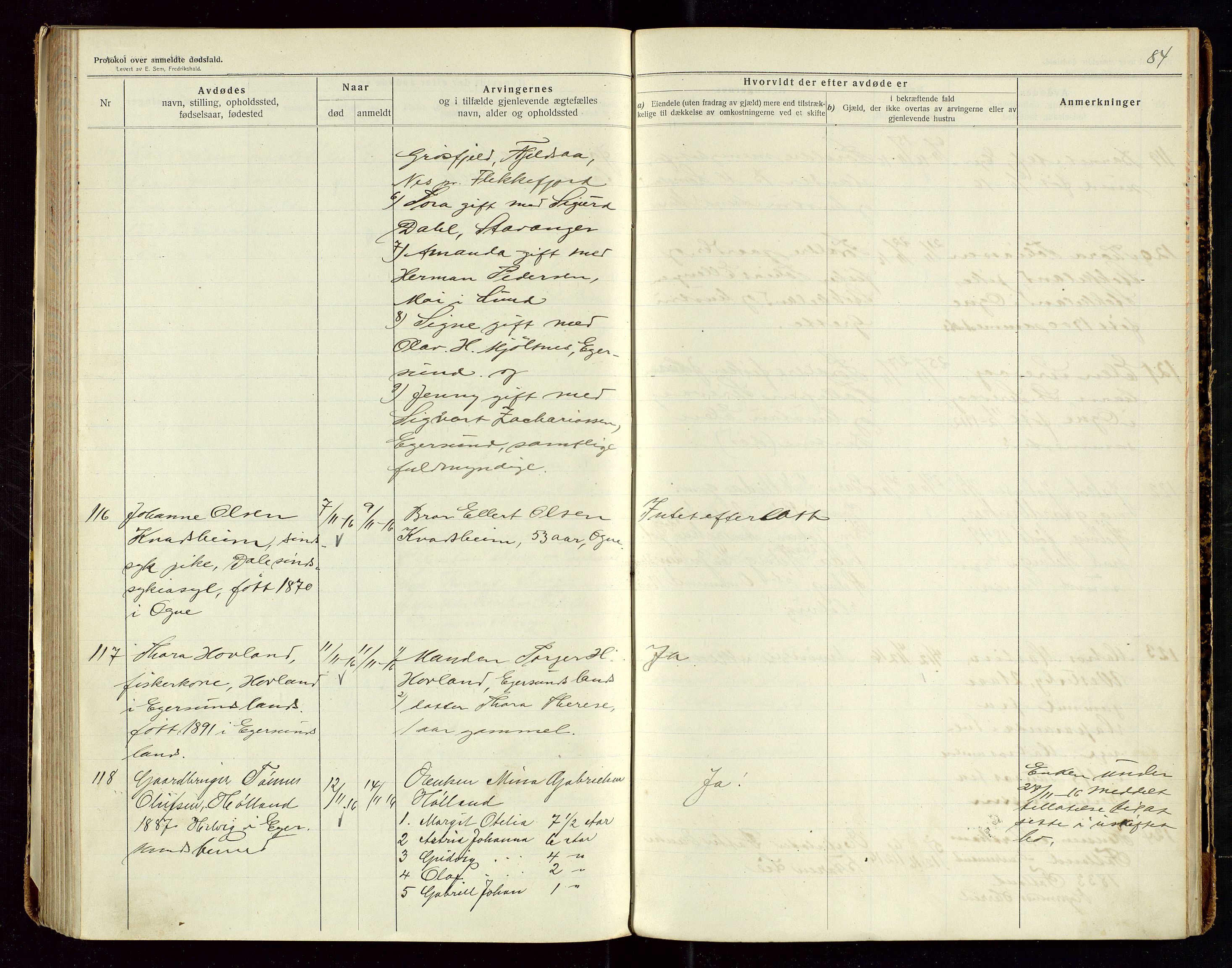 Eigersund lensmannskontor, SAST/A-100171/Gga/L0006: "Protokol over anmeldte dødsfald" m/alfabetisk navneregister, 1914-1917, p. 84