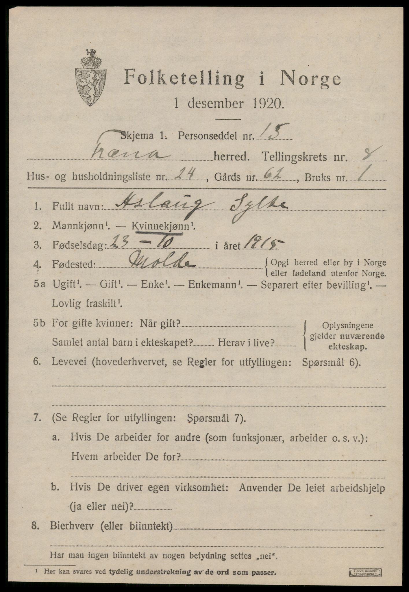 SAT, 1920 census for Fræna, 1920, p. 5355