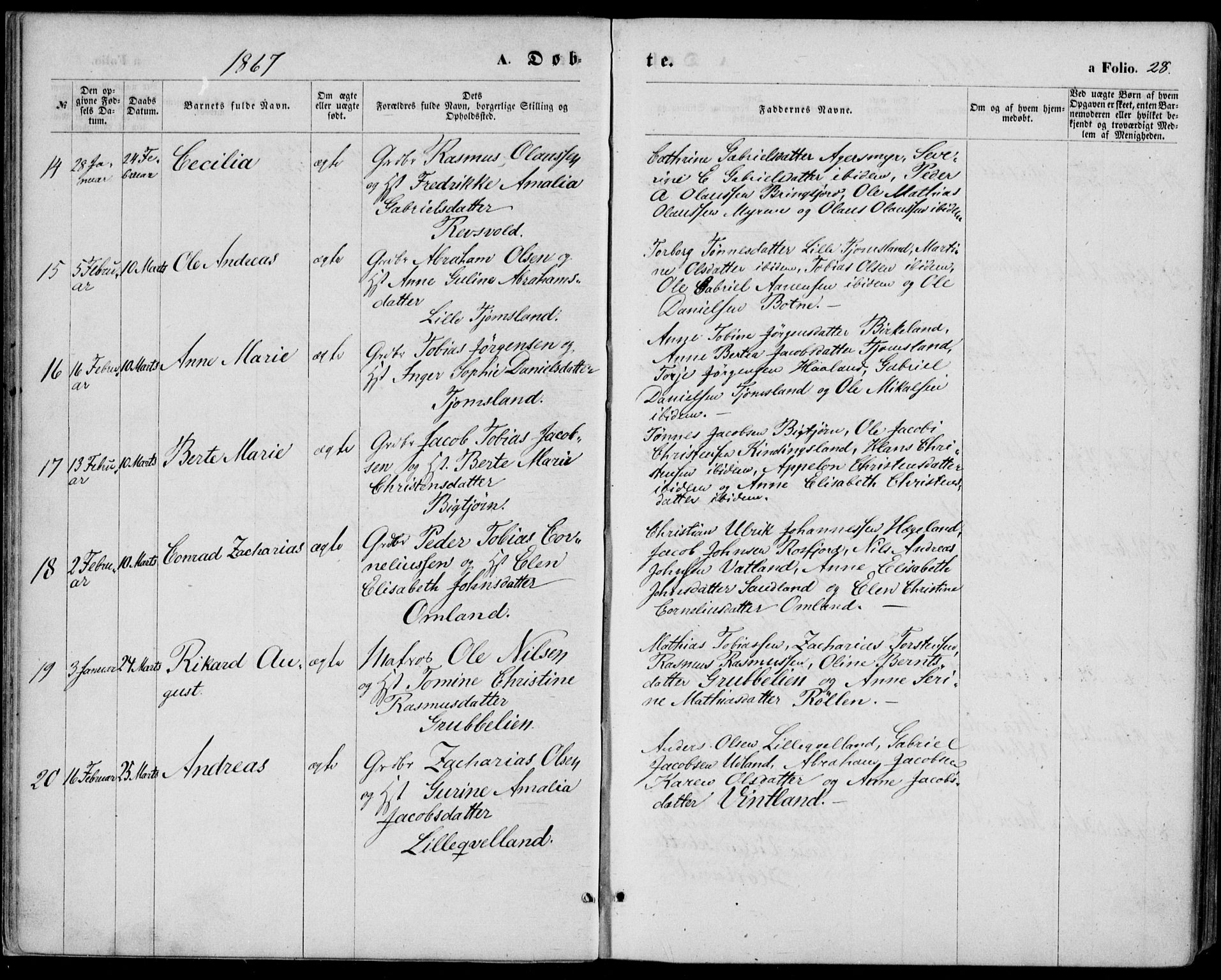 Lyngdal sokneprestkontor, AV/SAK-1111-0029/F/Fa/Fac/L0010: Parish register (official) no. A 10, 1865-1878, p. 28