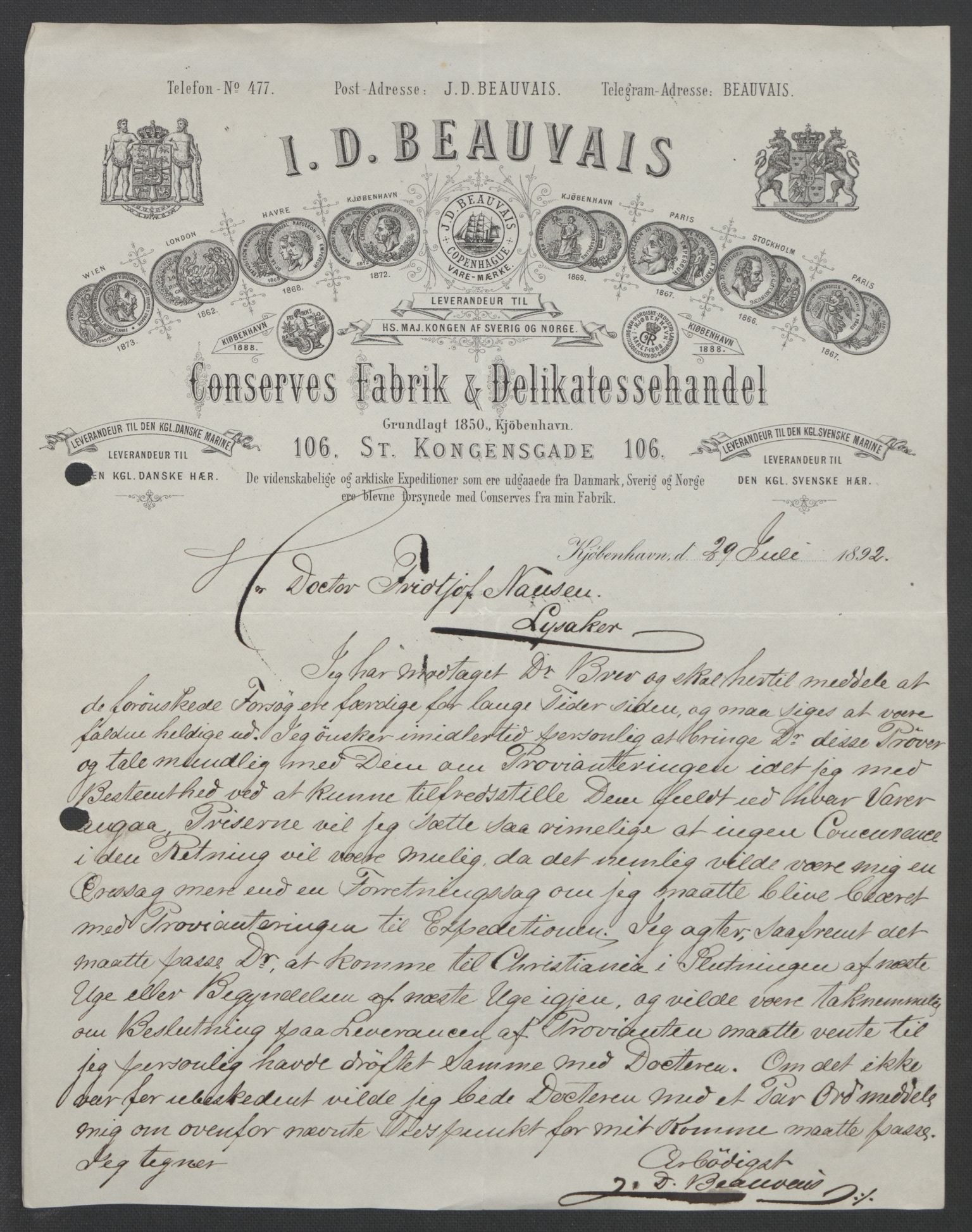 Arbeidskomitéen for Fridtjof Nansens polarekspedisjon, AV/RA-PA-0061/D/L0004: Innk. brev og telegrammer vedr. proviant og utrustning, 1892-1893, p. 30