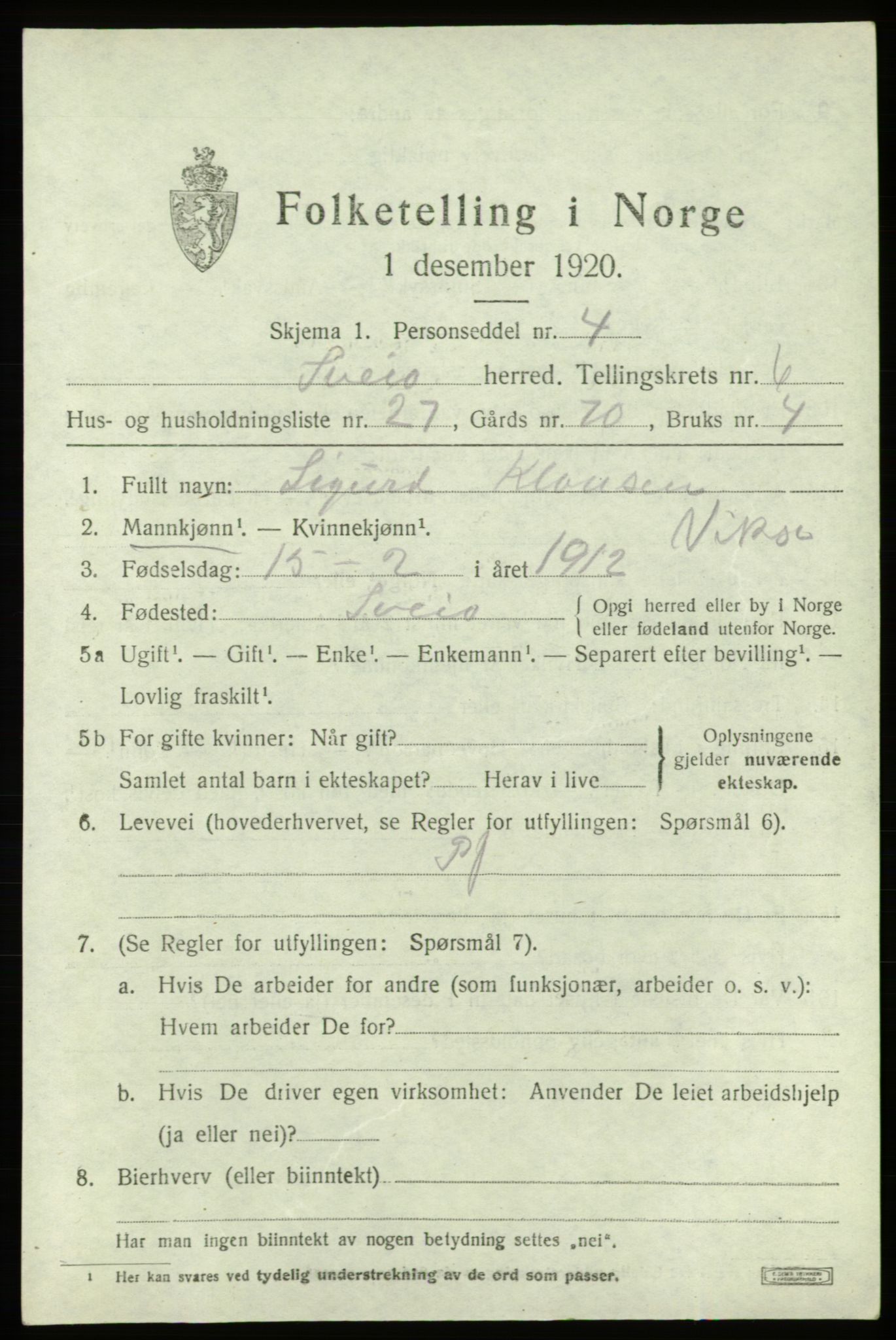 SAB, 1920 census for Sveio, 1920, p. 3248